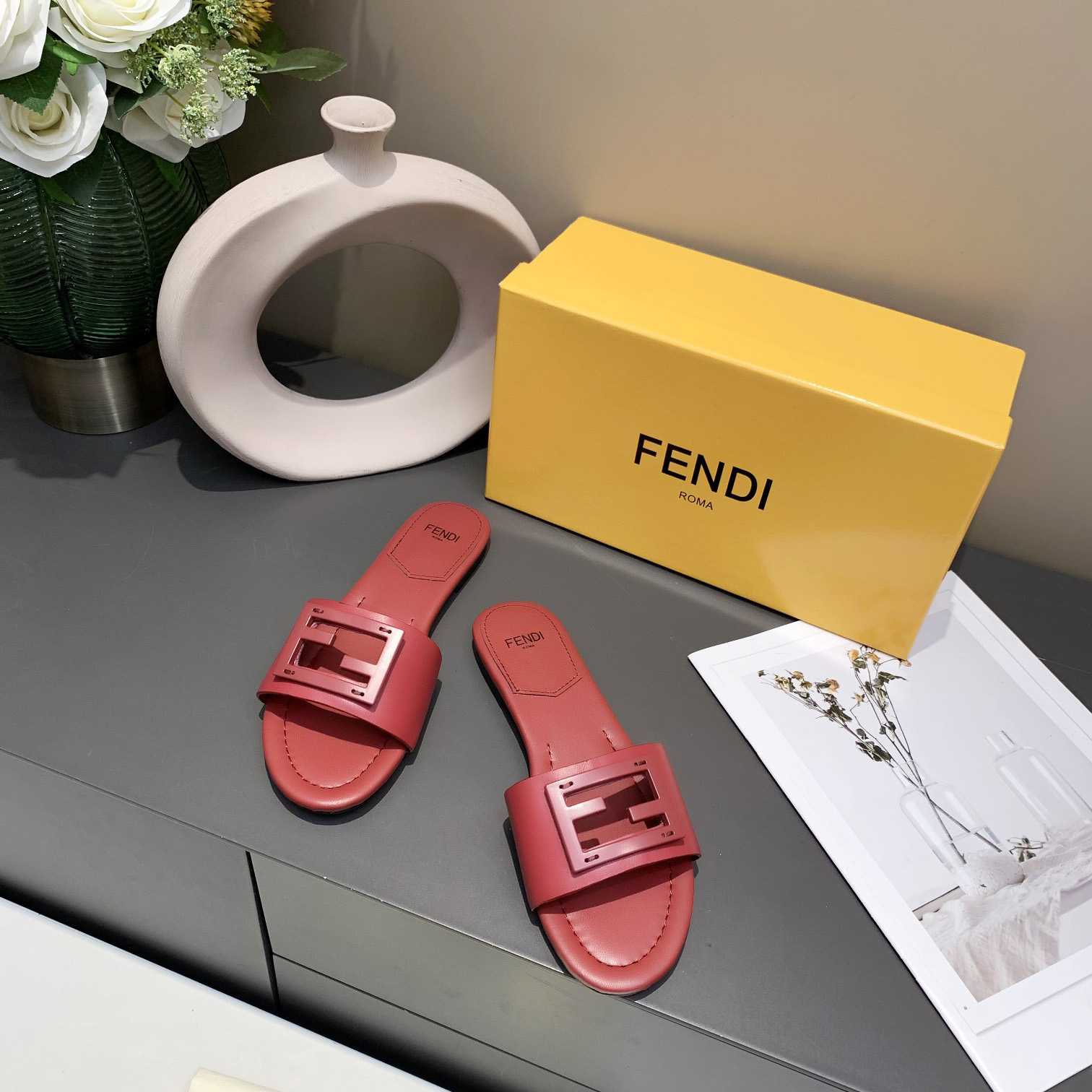 Fendi Signature Red Leather Slides - DopestKickz