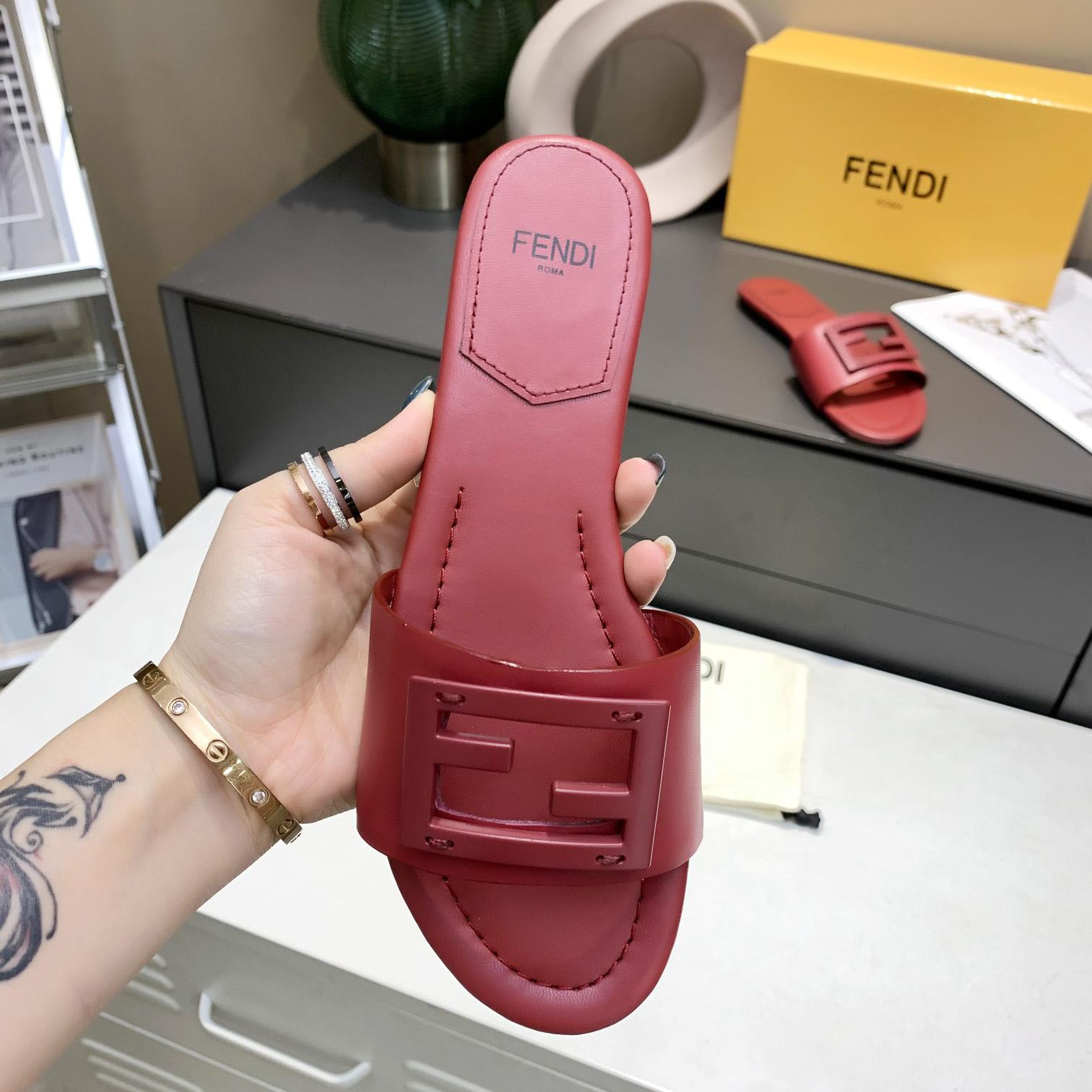 Fendi Signature Red Leather Slides - DopestKickz