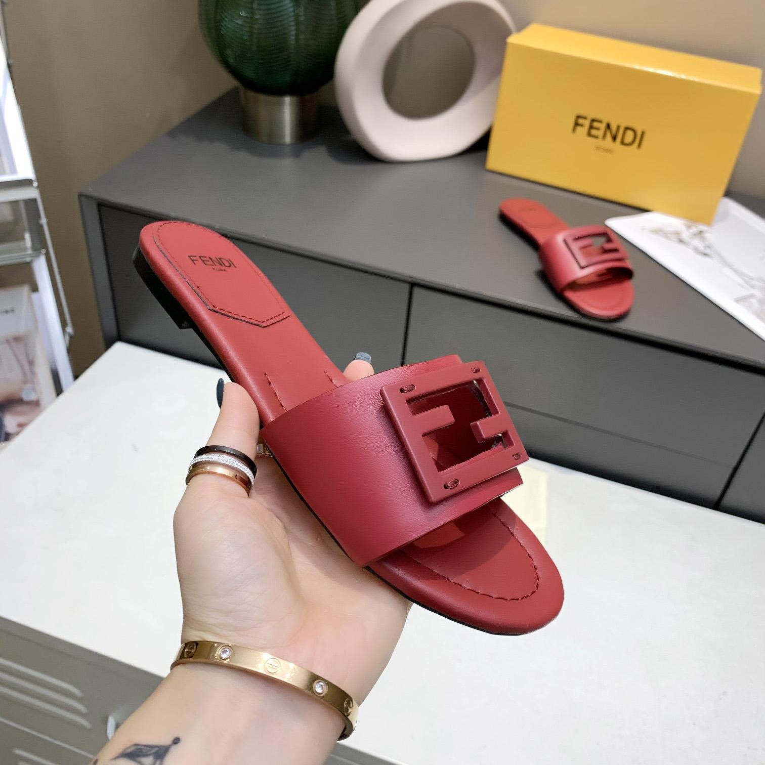 Fendi Signature Red Leather Slides - DopestKickz