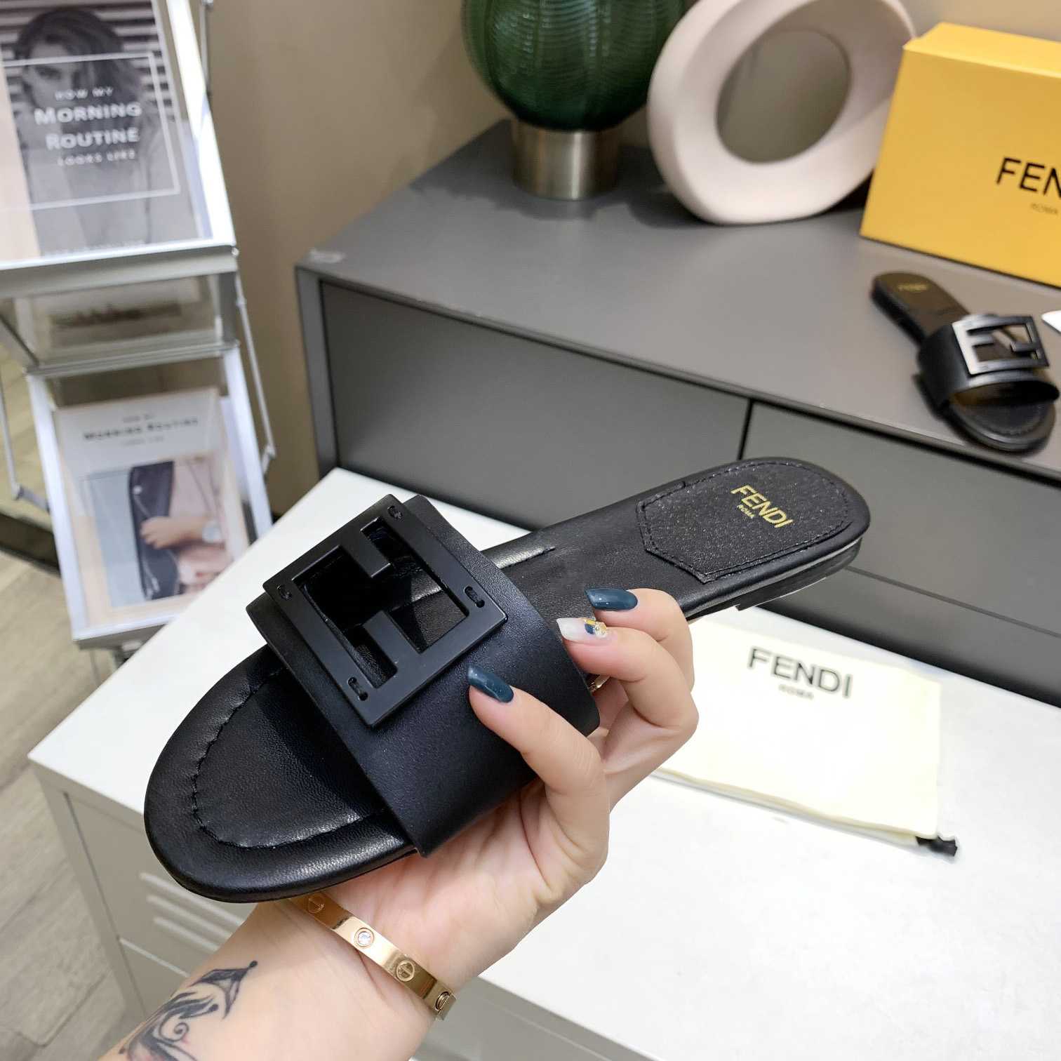 Fendi Signature Black Leather Slides - DopestKickz