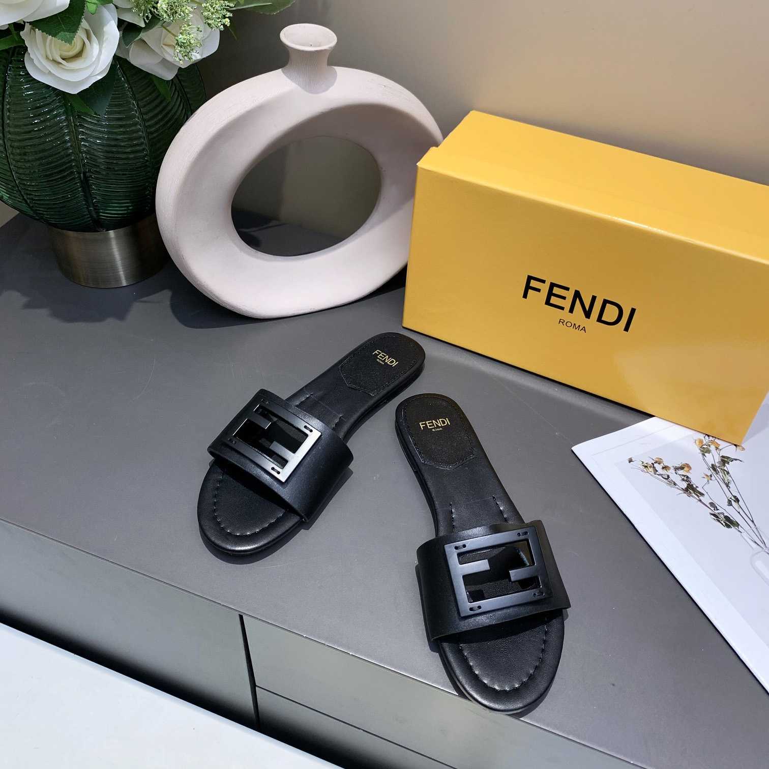 Fendi Signature Black Leather Slides - DopestKickz