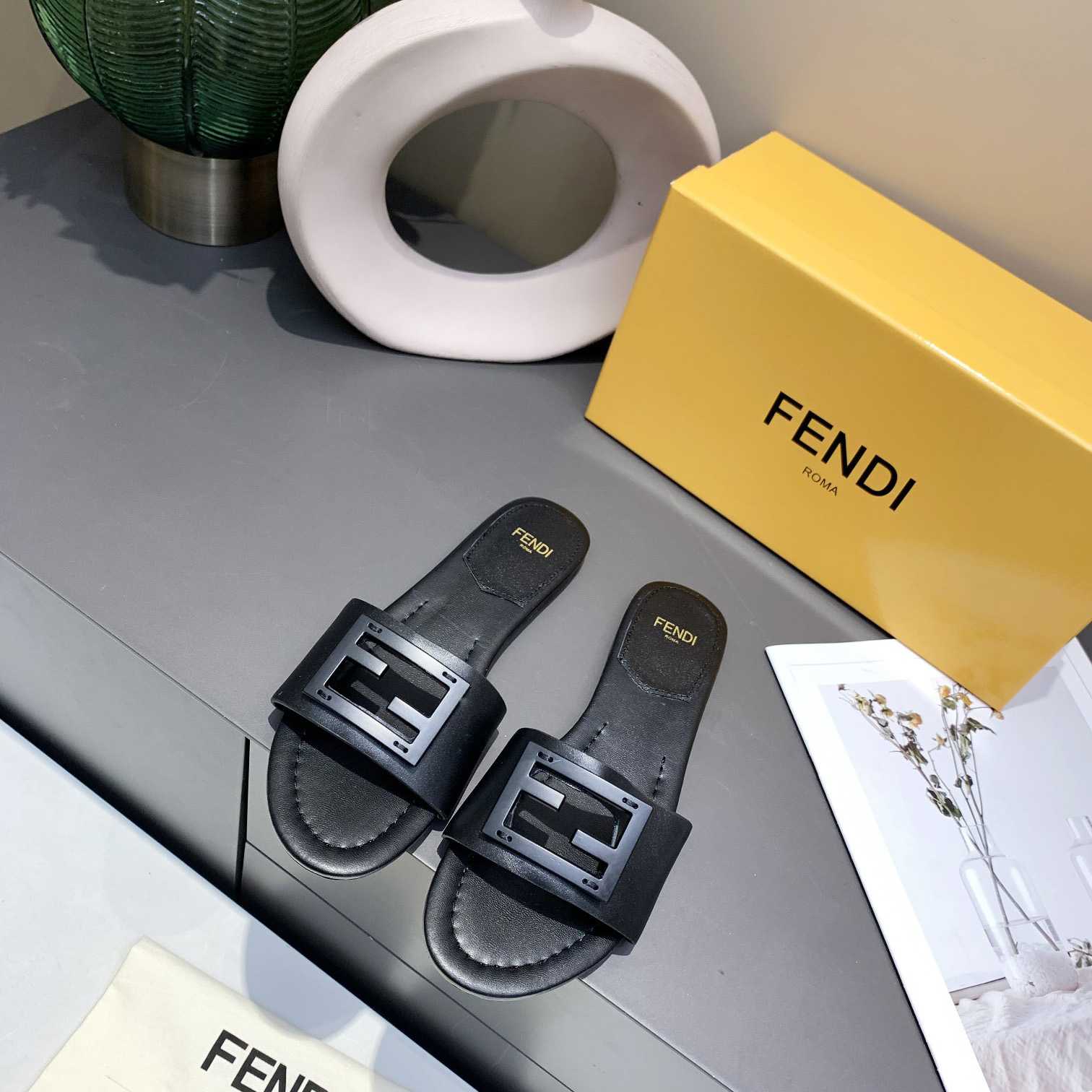Fendi Signature Black Leather Slides - DopestKickz