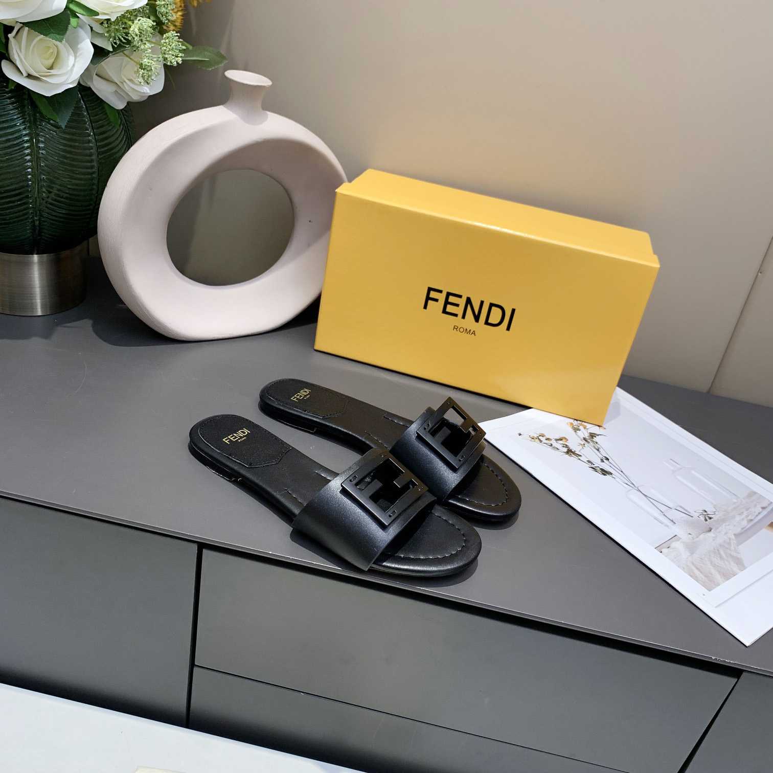 Fendi Signature Black Leather Slides - DopestKickz