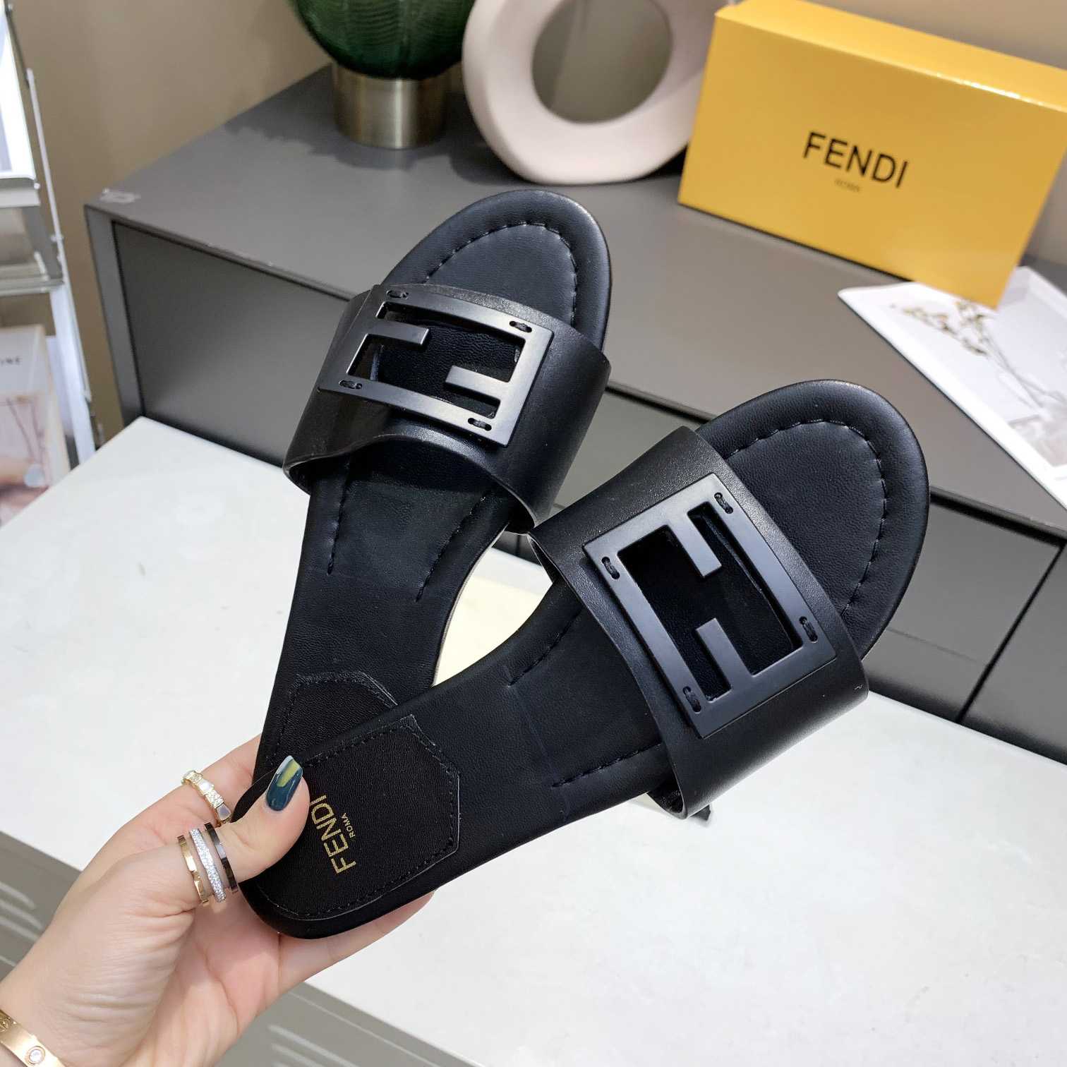 Fendi Signature Black Leather Slides - DopestKickz