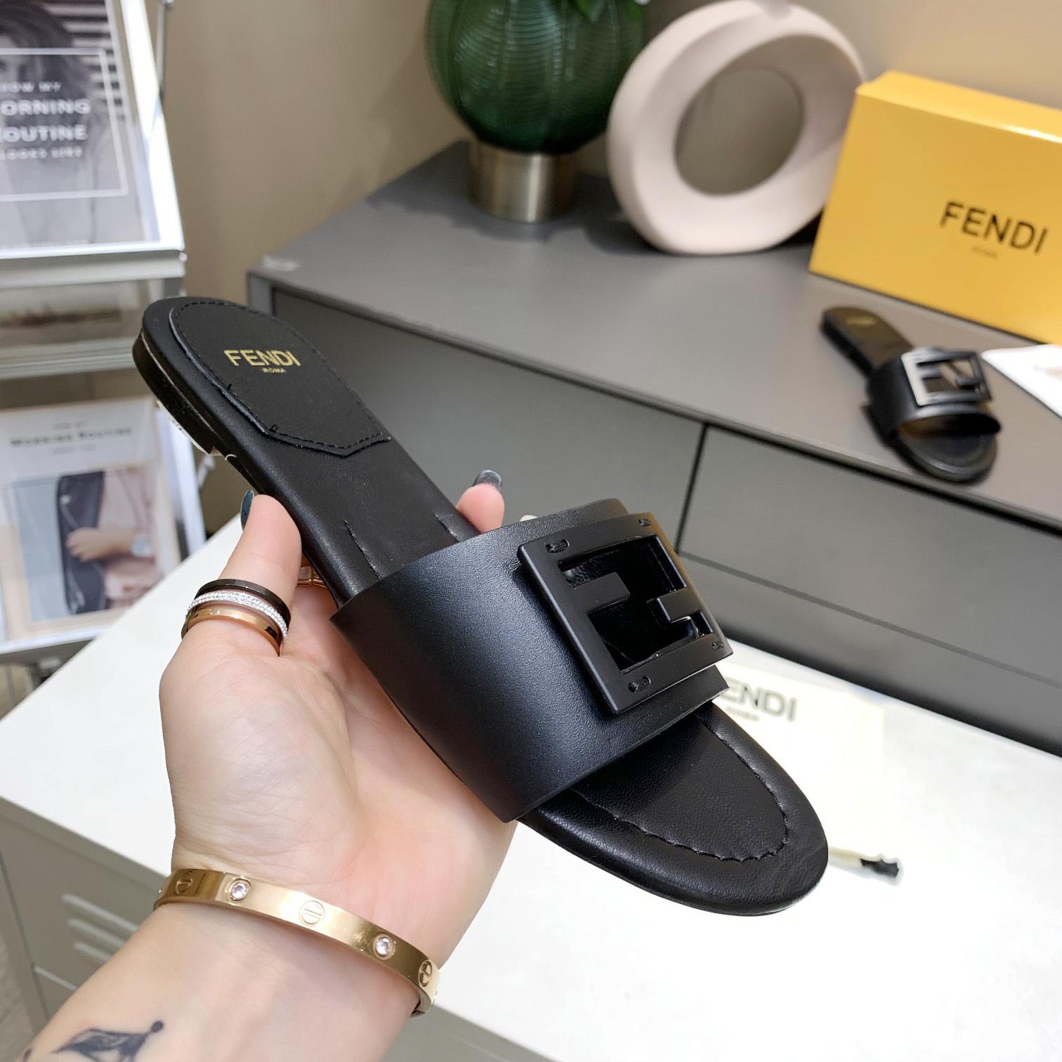Fendi Signature Black Leather Slides - DopestKickz