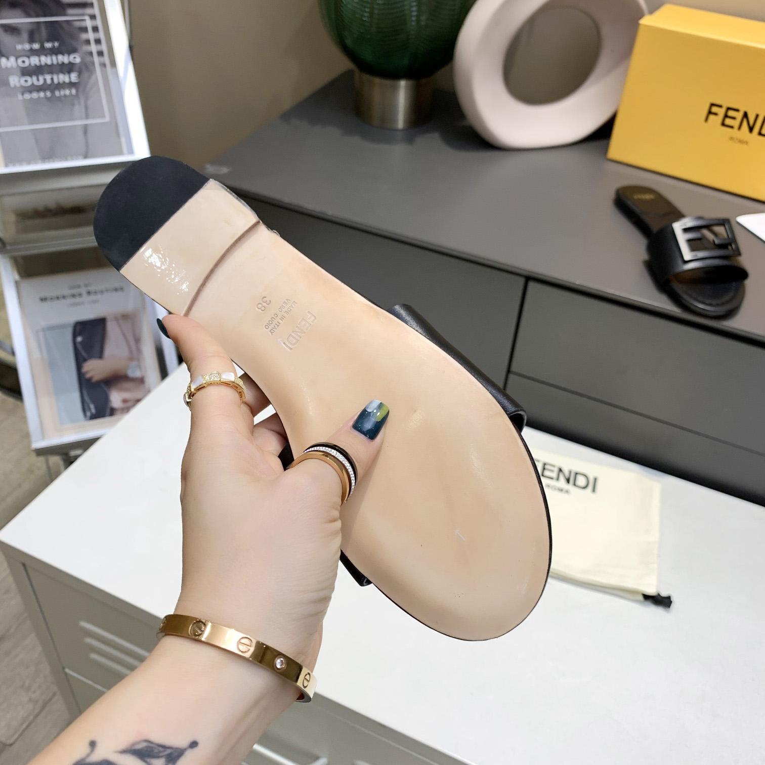 Fendi Signature Black Leather Slides - DopestKickz