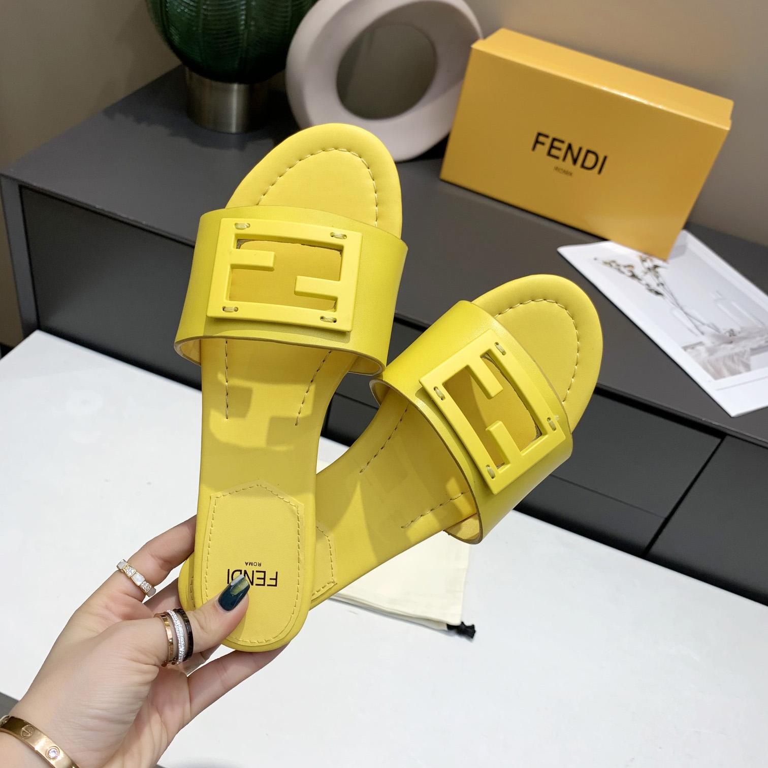Fendi Signature Yellow Leather Slides - DopestKickz