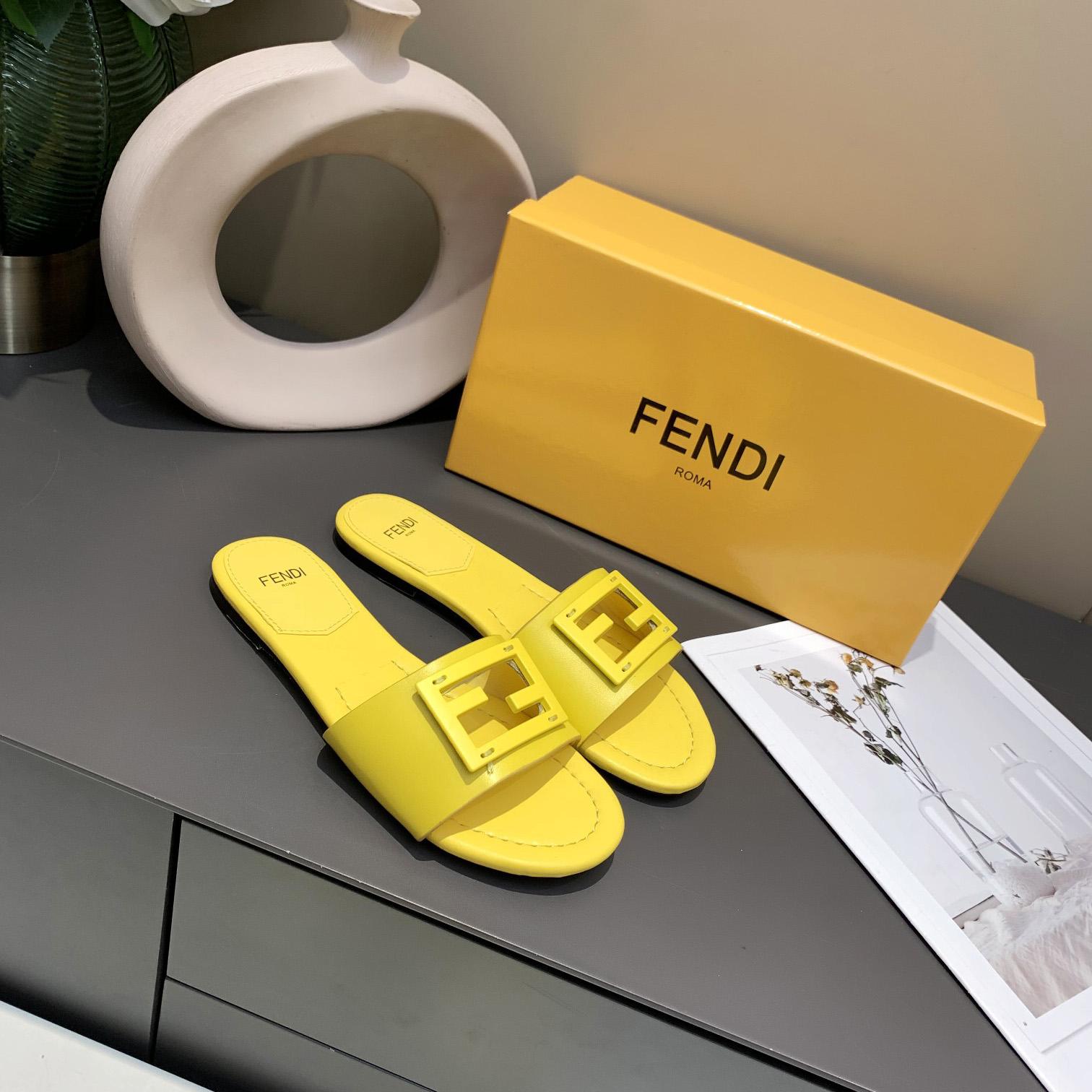 Fendi Signature Yellow Leather Slides - DopestKickz