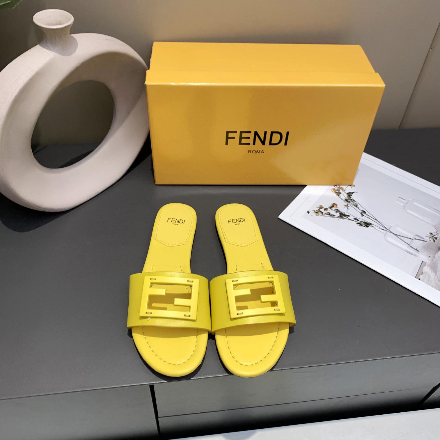 Fendi Signature Yellow Leather Slides - DopestKickz