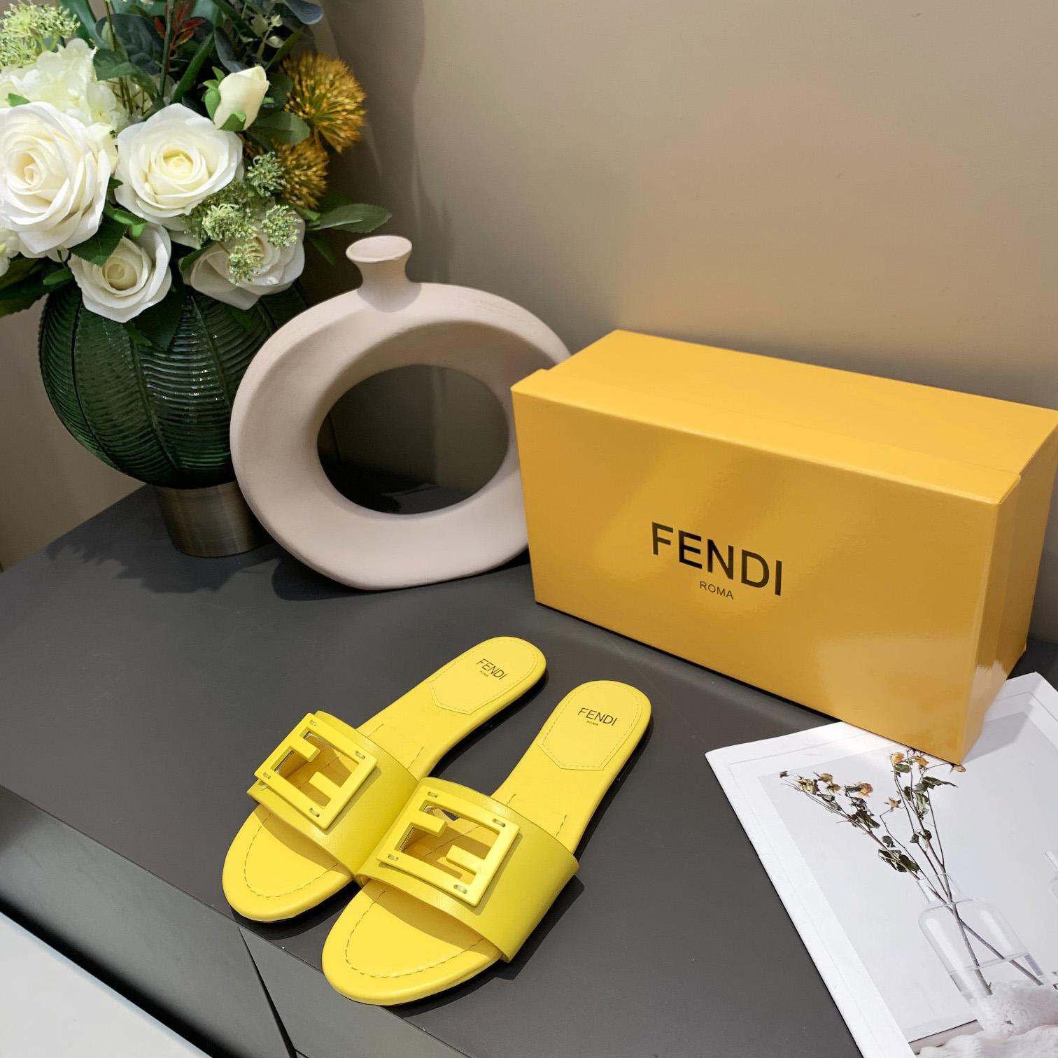 Fendi Signature Yellow Leather Slides - DopestKickz