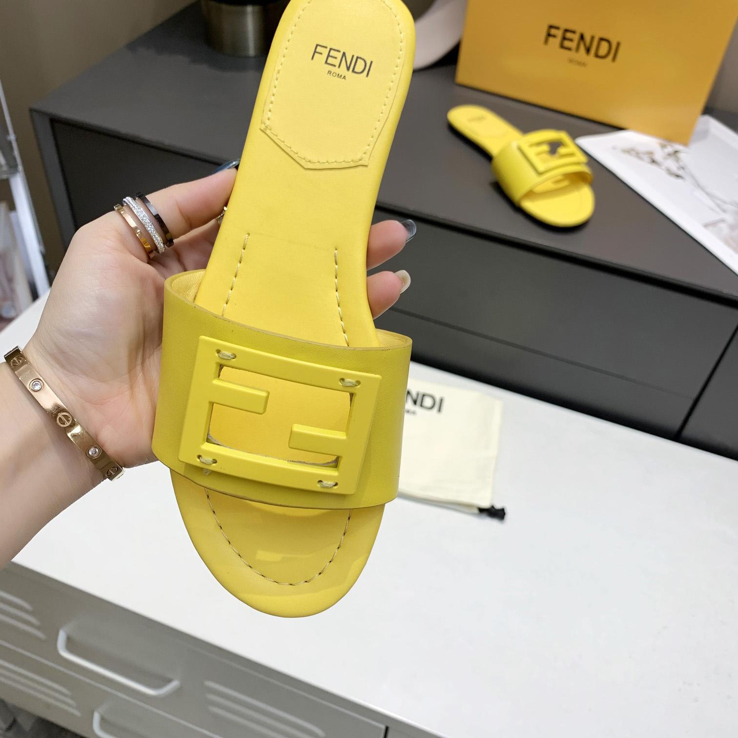 Fendi Signature Yellow Leather Slides - DopestKickz