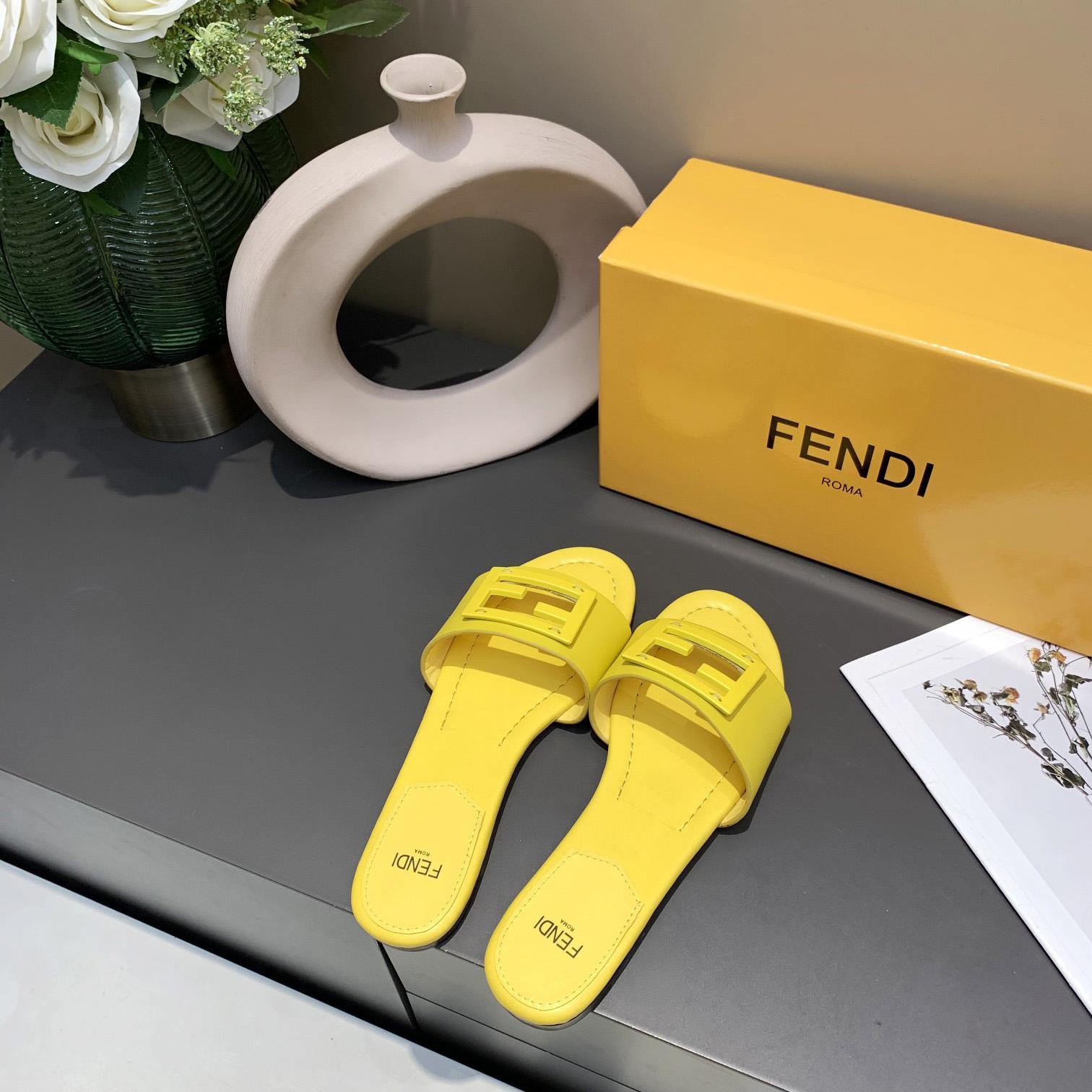Fendi Signature Yellow Leather Slides - DopestKickz
