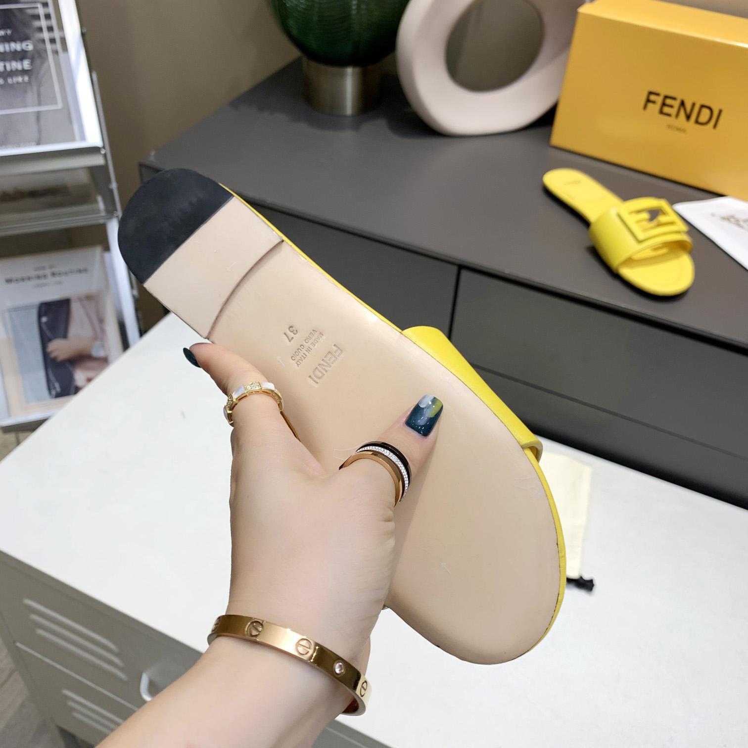 Fendi Signature Yellow Leather Slides - DopestKickz