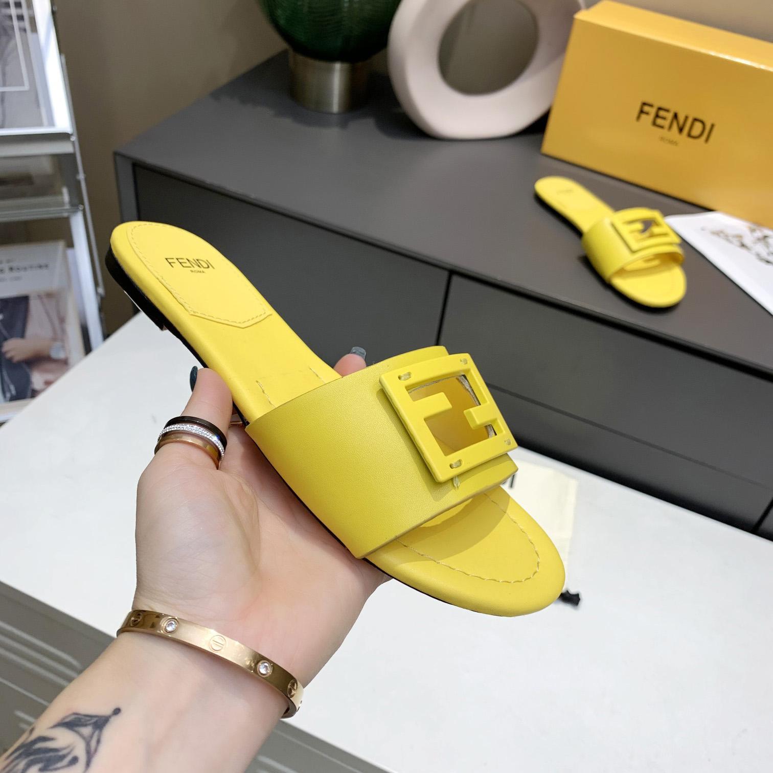 Fendi Signature Yellow Leather Slides - DopestKickz