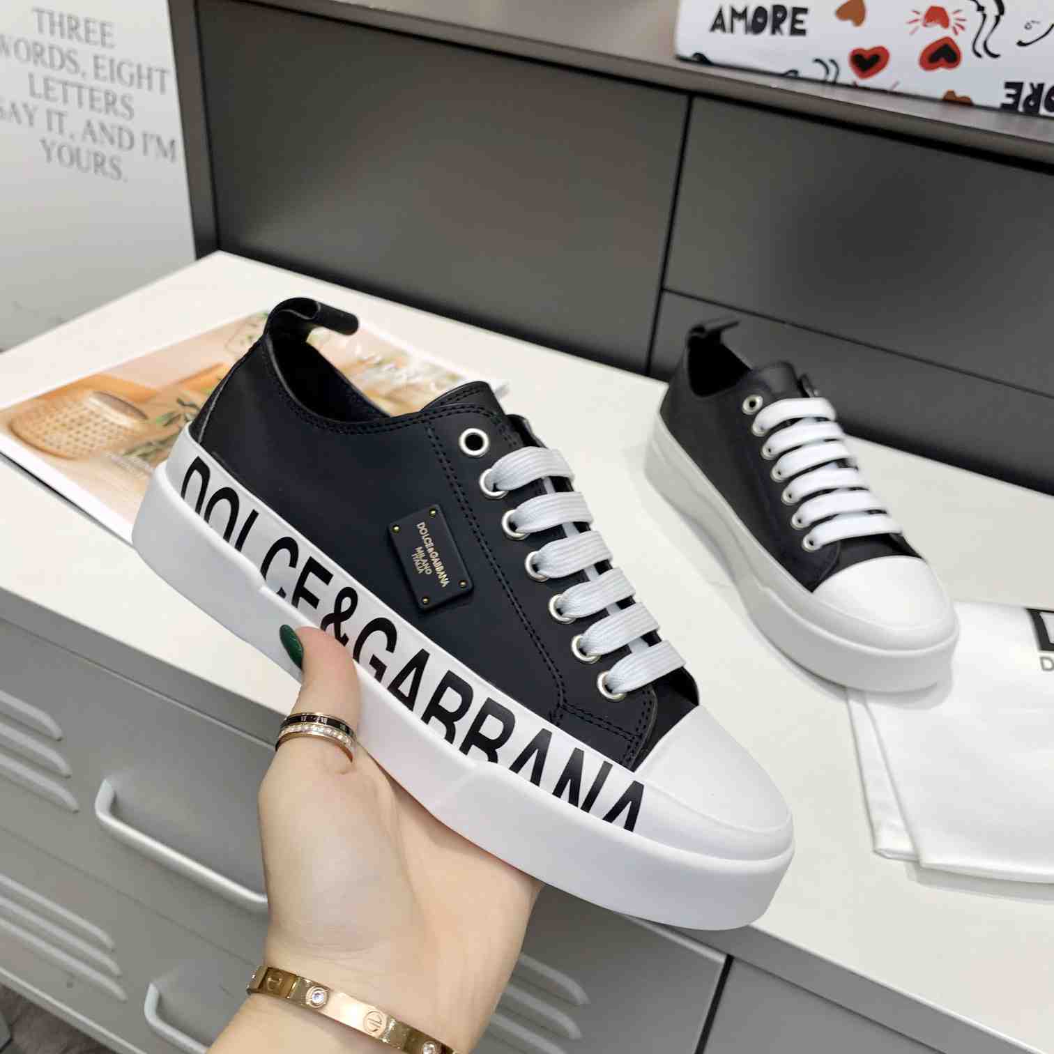 Dolce & Gabbana Calfskin Portofino Light Sneakers With Logo-Detailed Plate And Logo Print - DopestKickz