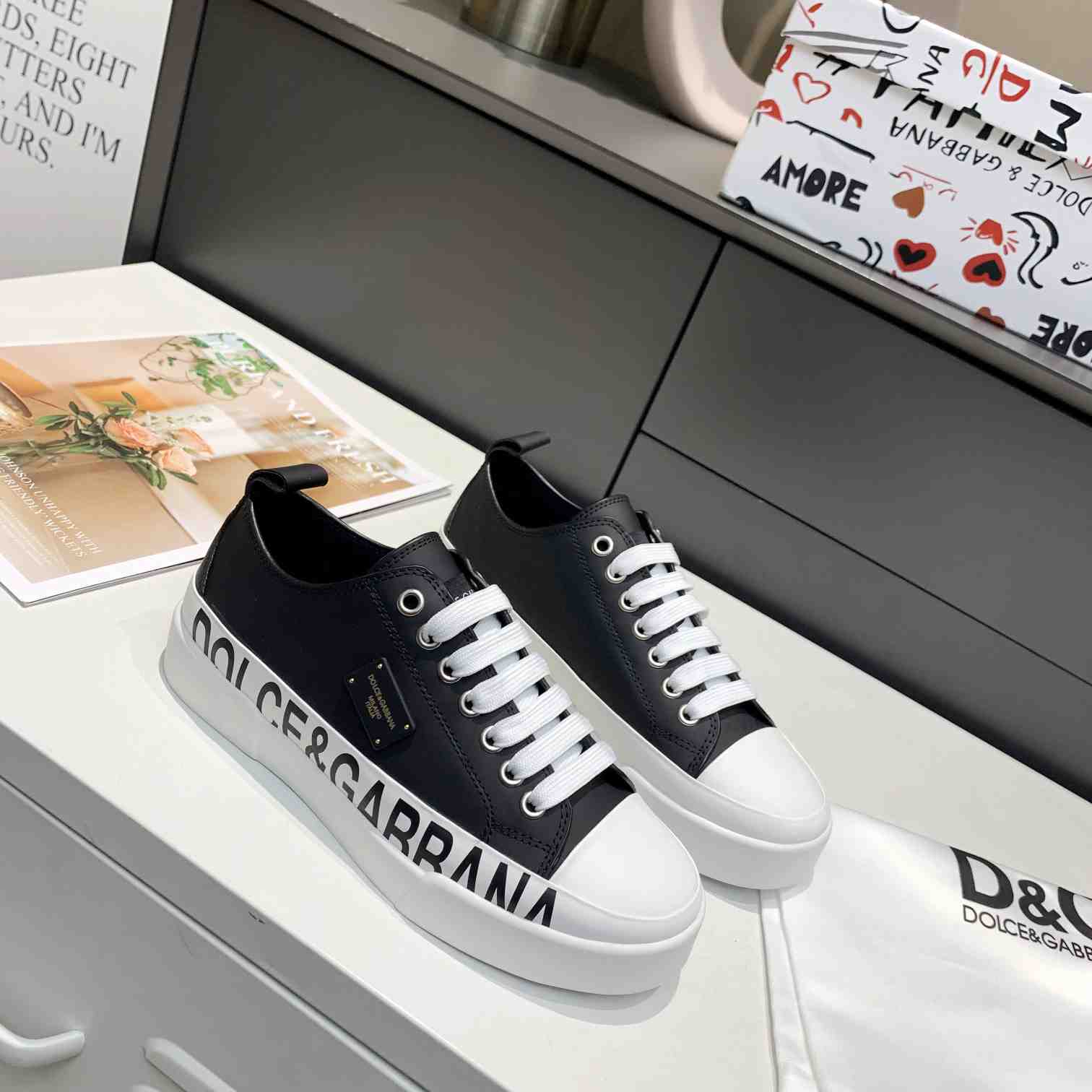 Dolce & Gabbana Calfskin Portofino Light Sneakers With Logo-Detailed Plate And Logo Print - DopestKickz