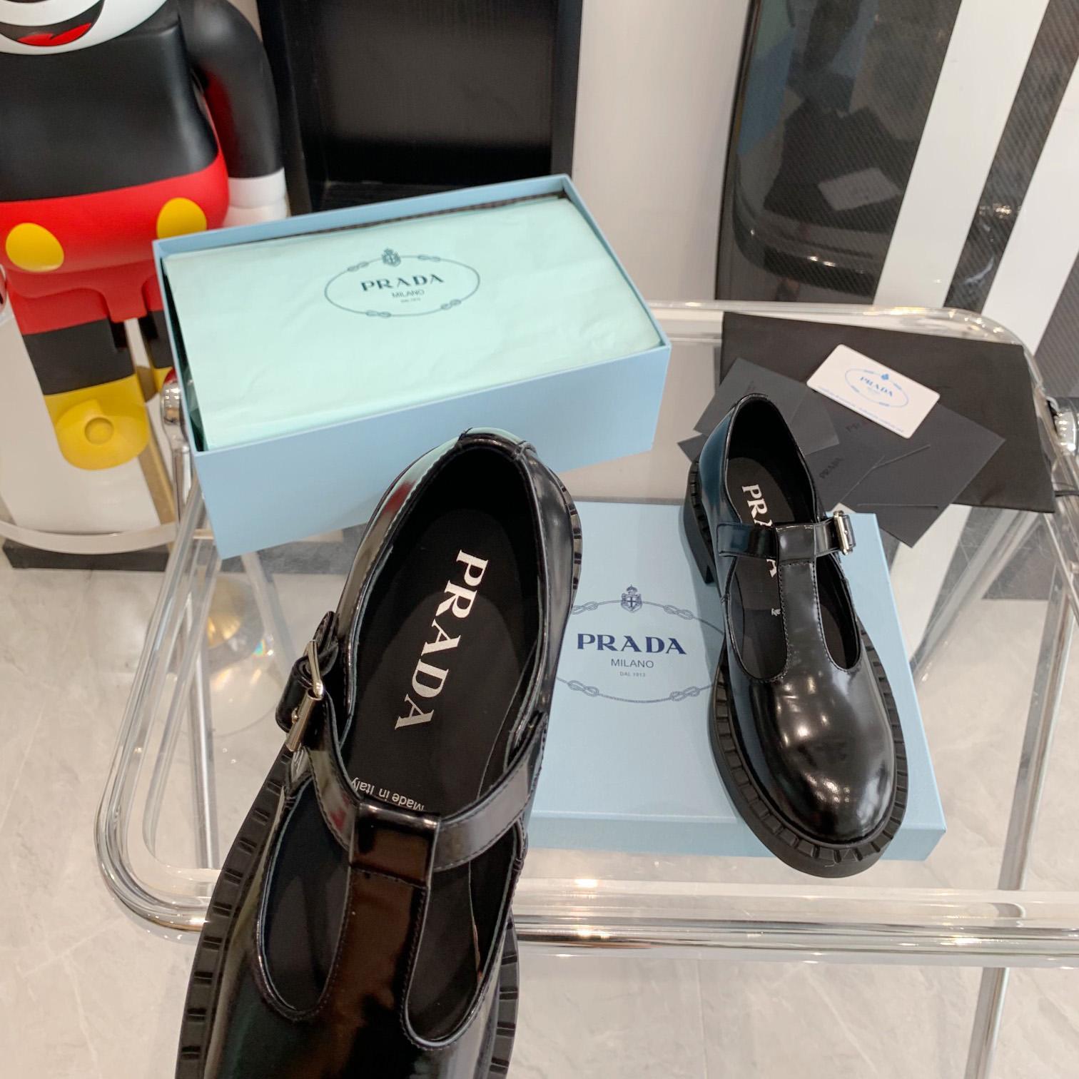 Prada Brushed-Leather Mary Jane T-strap Shoes - DopestKickz