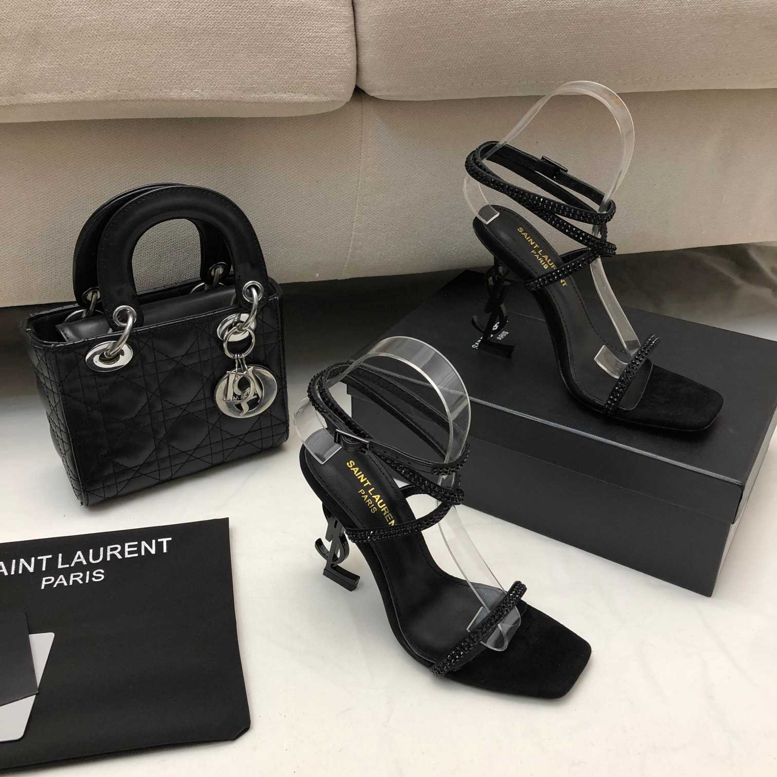 Saint Laurent Opyum Sandals In Crepe Satin And Rhinestones - DopestKickz