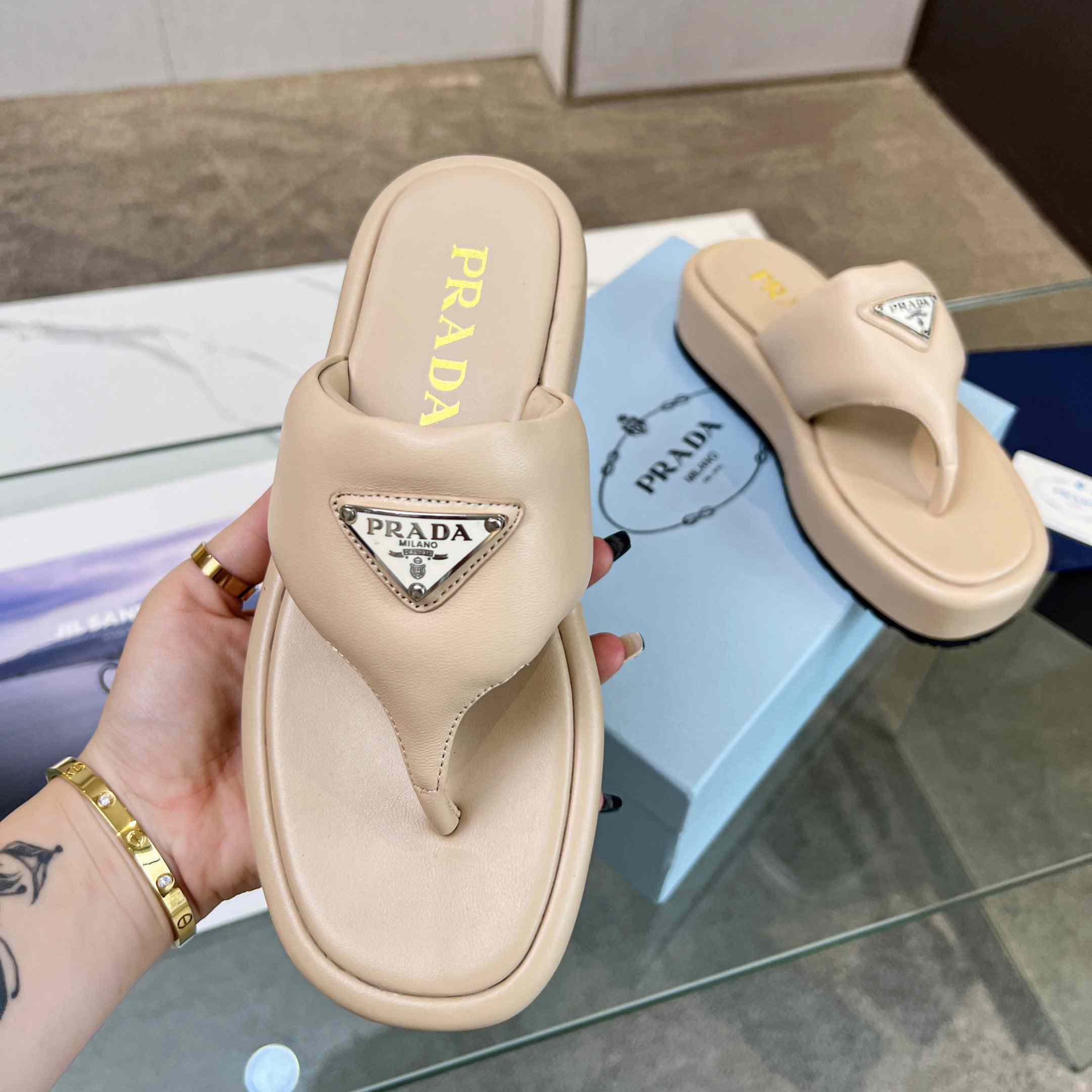 Prada Soft Padded Nappa Leather Thong Wedge Sandals - DopestKickz