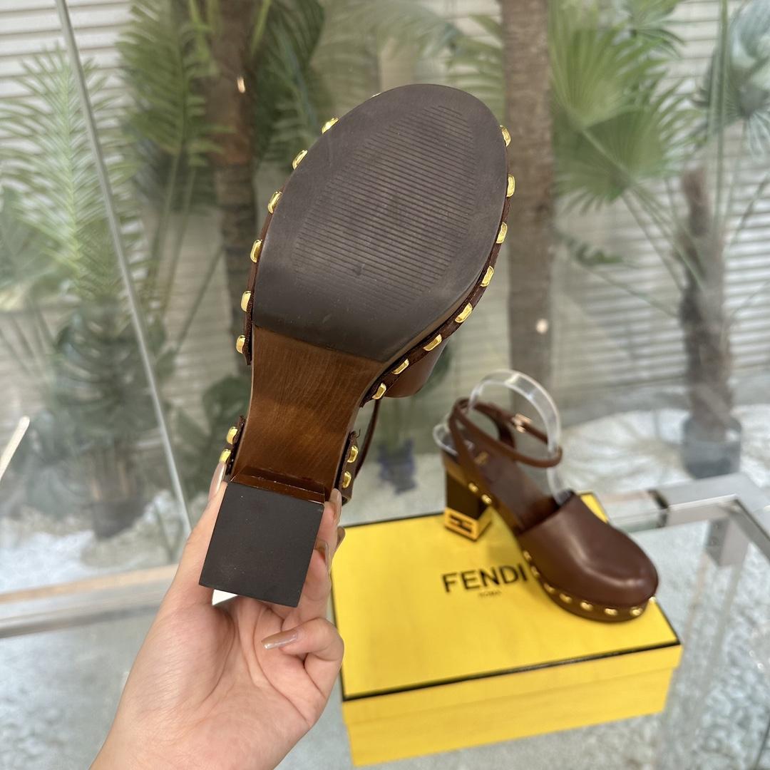Fendi Baguette Show Brown Leather High-heeled Clogs - DopestKickz