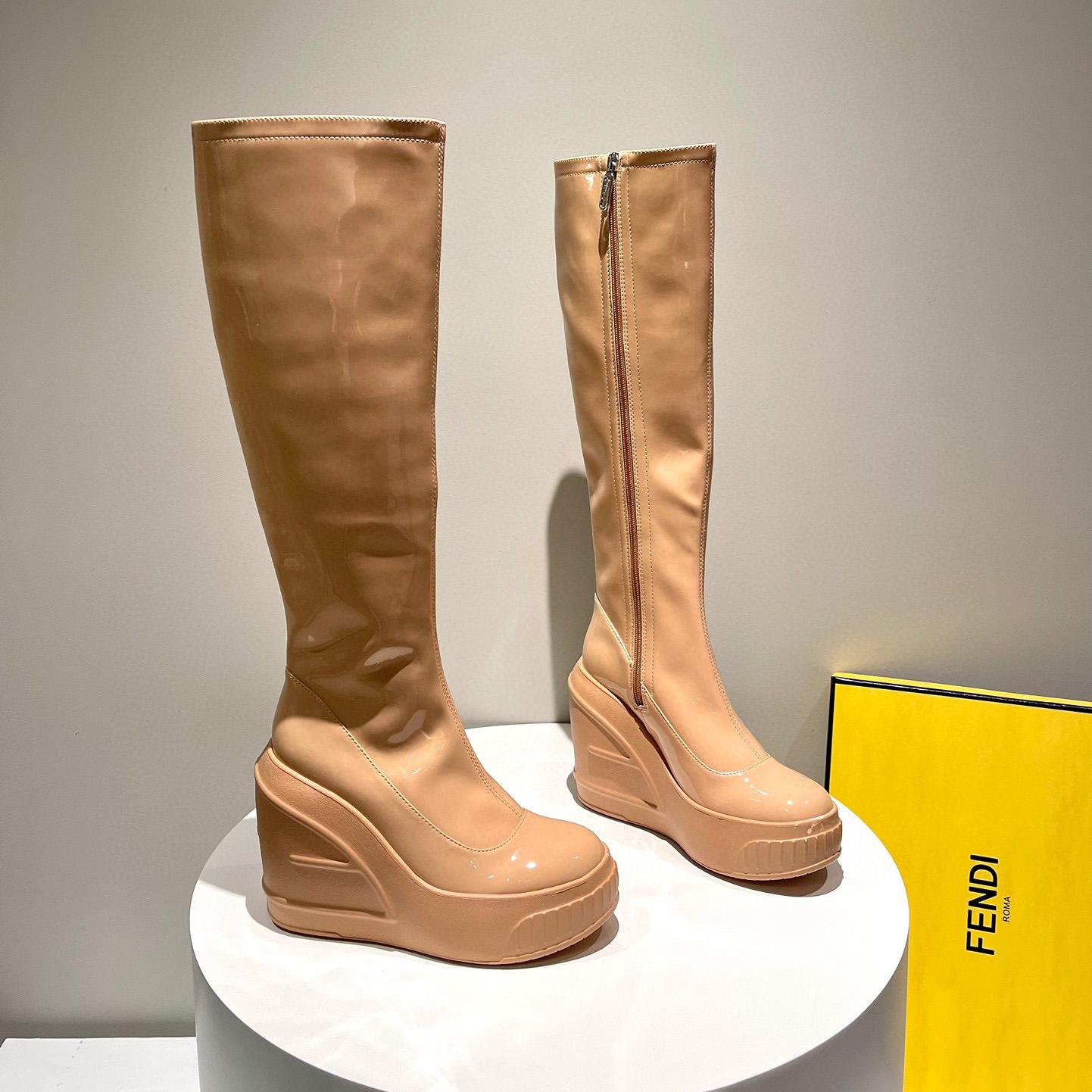 Fendi Fashion Show Beige Patent Leather Boots - DopestKickz