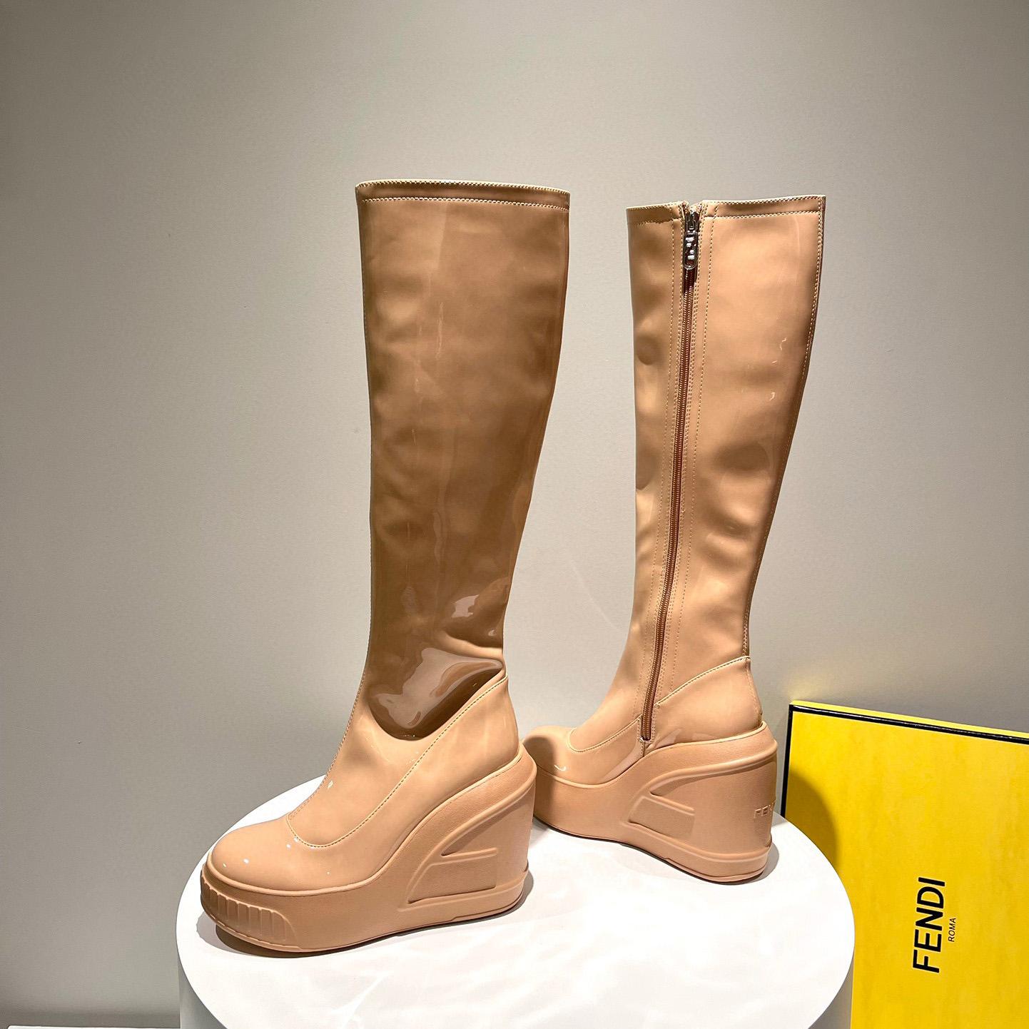 Fendi Fashion Show Beige Patent Leather Boots - DopestKickz