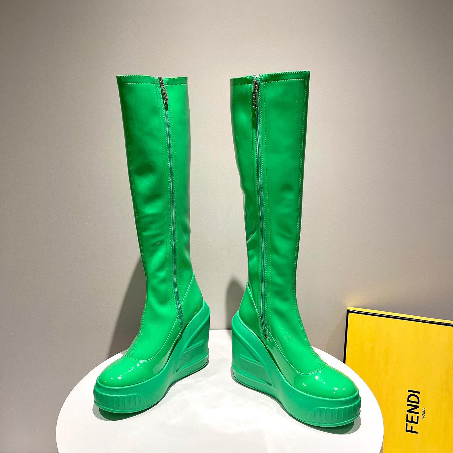 Fendi Fashion Show Green Patent Leather Boots - DopestKickz