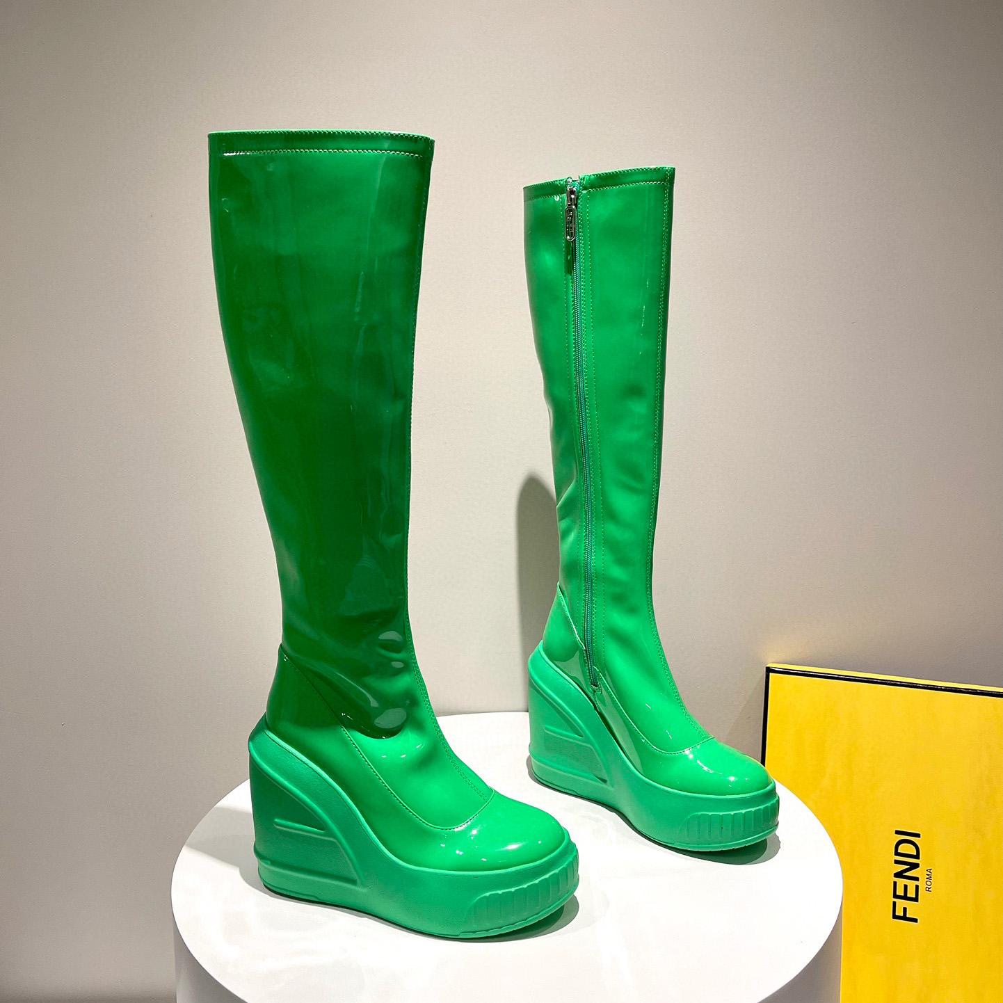 Fendi Fashion Show Green Patent Leather Boots - DopestKickz
