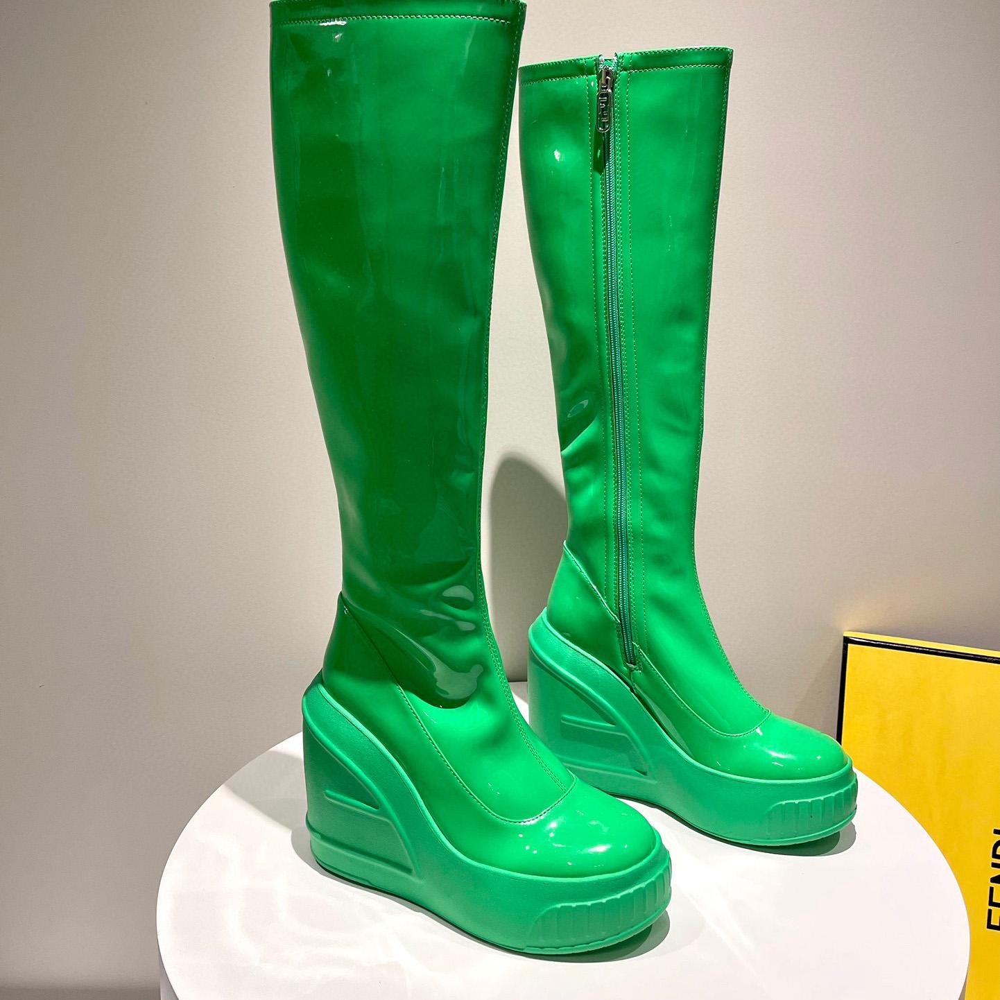 Fendi Fashion Show Green Patent Leather Boots - DopestKickz