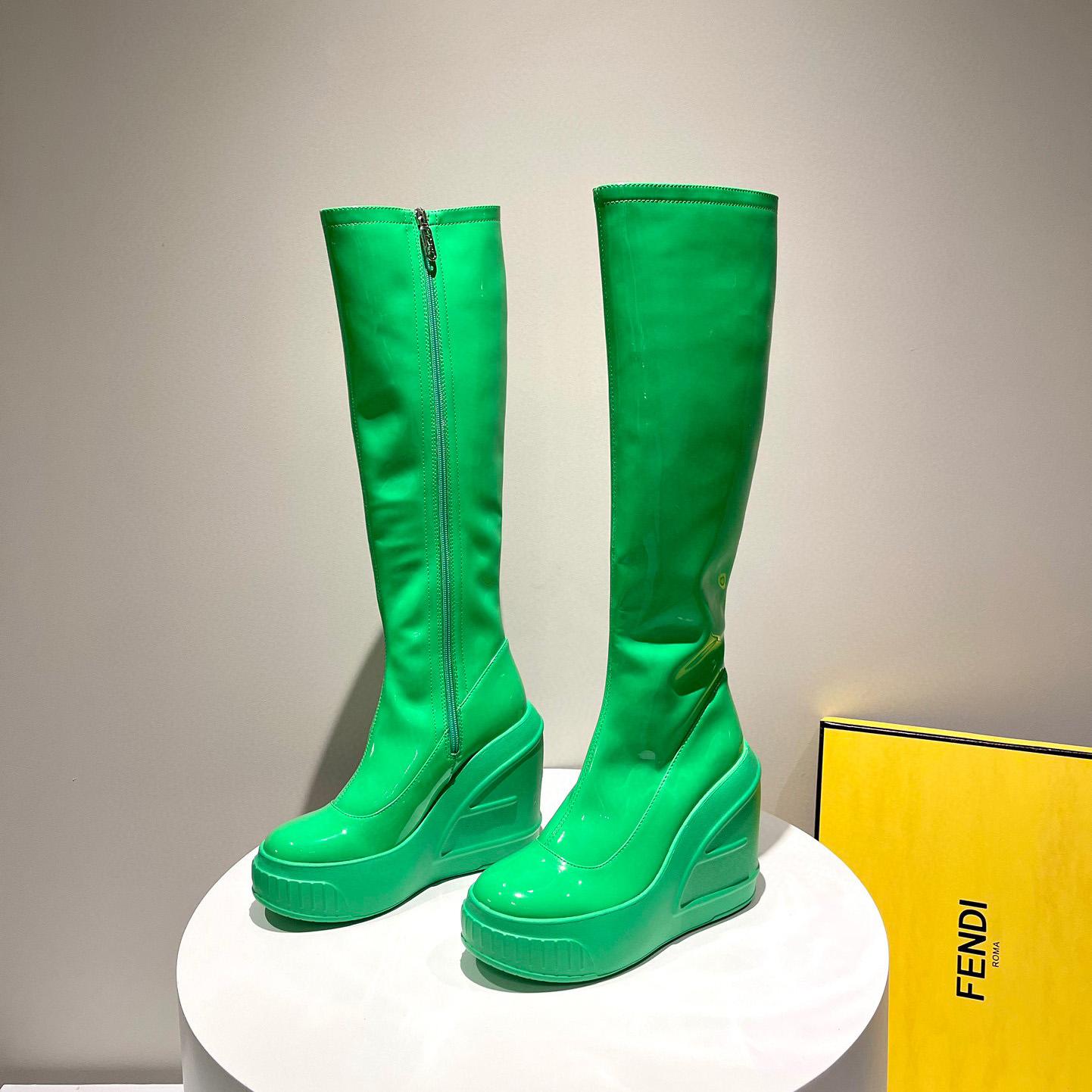 Fendi Fashion Show Green Patent Leather Boots - DopestKickz