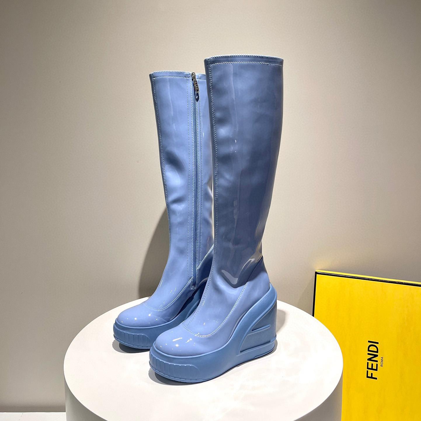 Fendi Fashion Show Blue Patent Leather Boots - DopestKickz