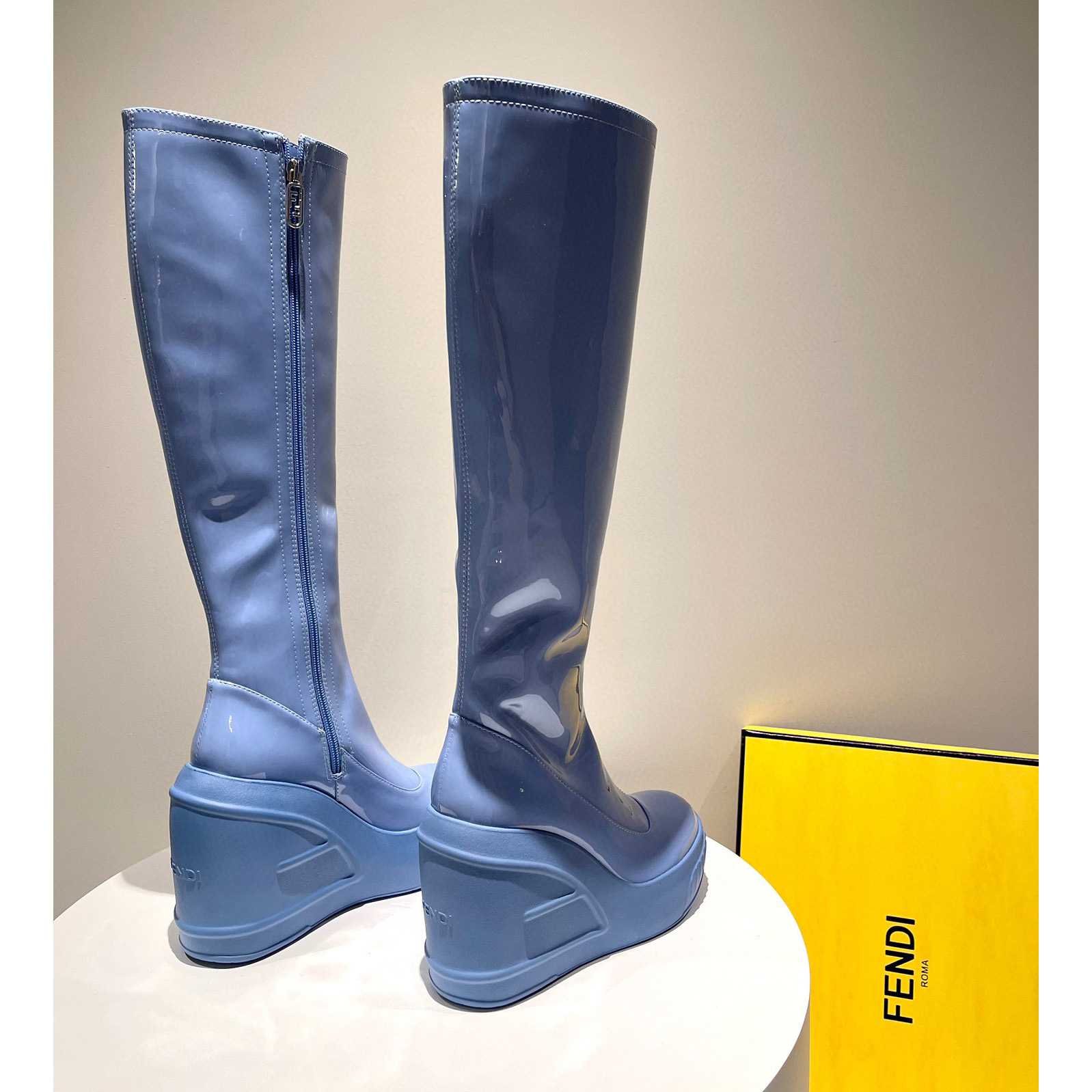 Fendi Fashion Show Blue Patent Leather Boots - DopestKickz