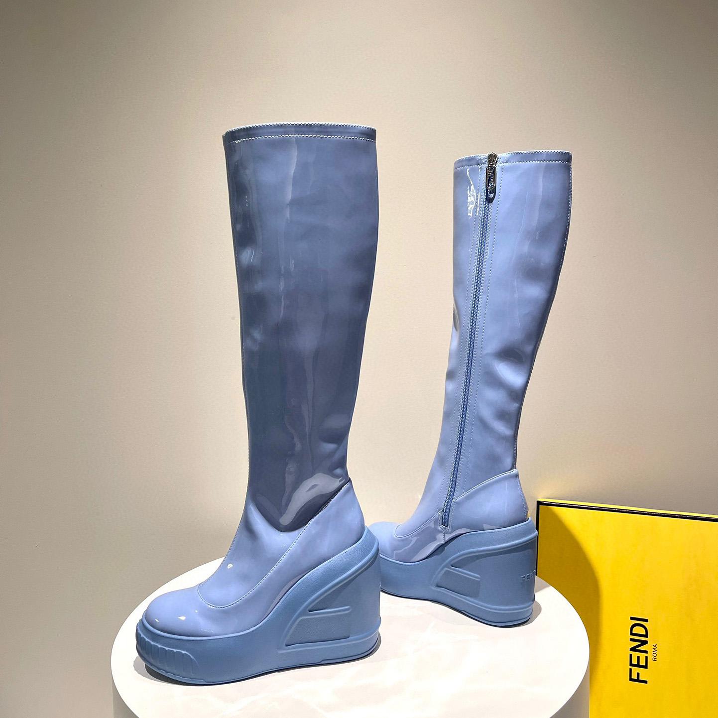 Fendi Fashion Show Blue Patent Leather Boots - DopestKickz