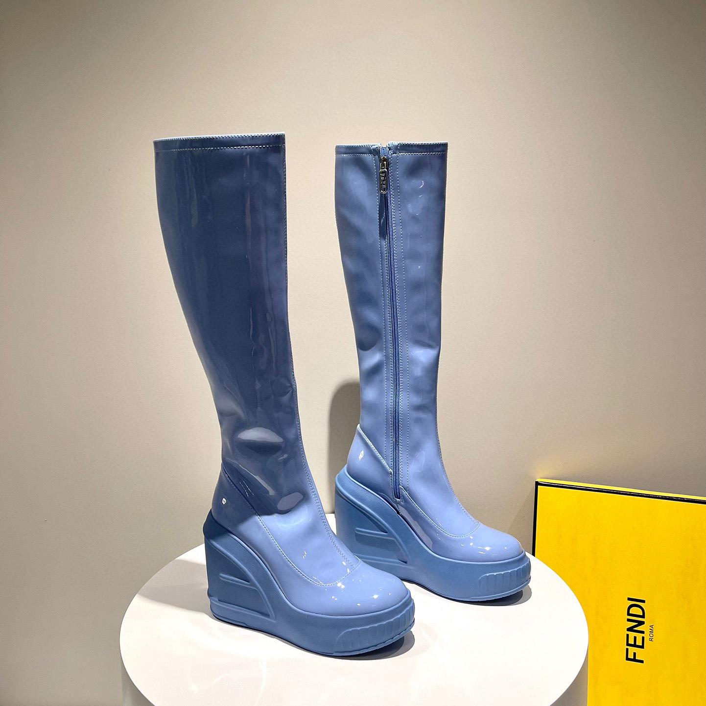 Fendi Fashion Show Blue Patent Leather Boots - DopestKickz