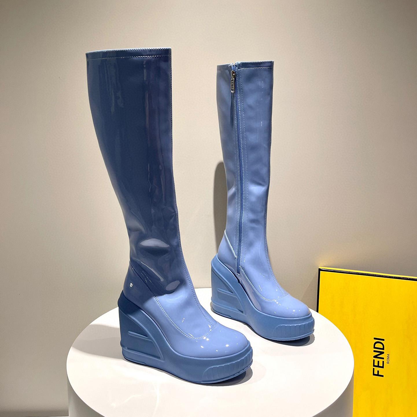 Fendi Fashion Show Blue Patent Leather Boots - DopestKickz