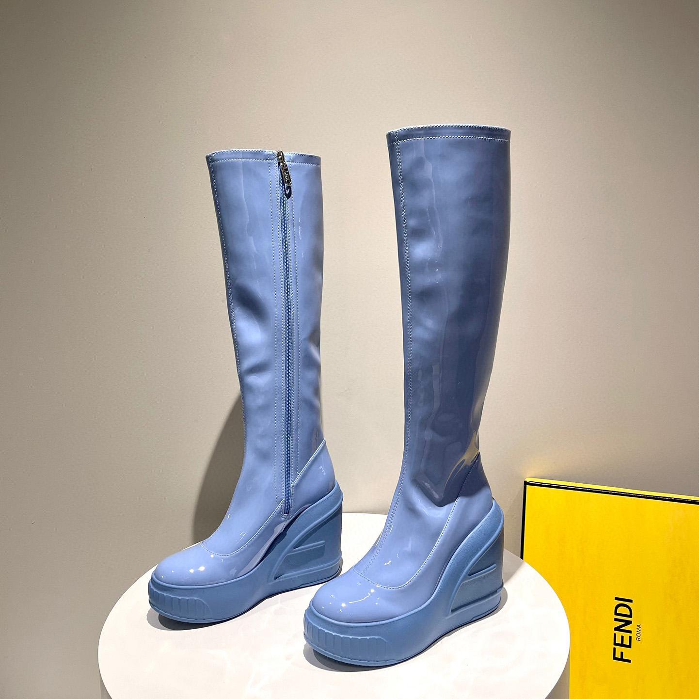 Fendi Fashion Show Blue Patent Leather Boots - DopestKickz