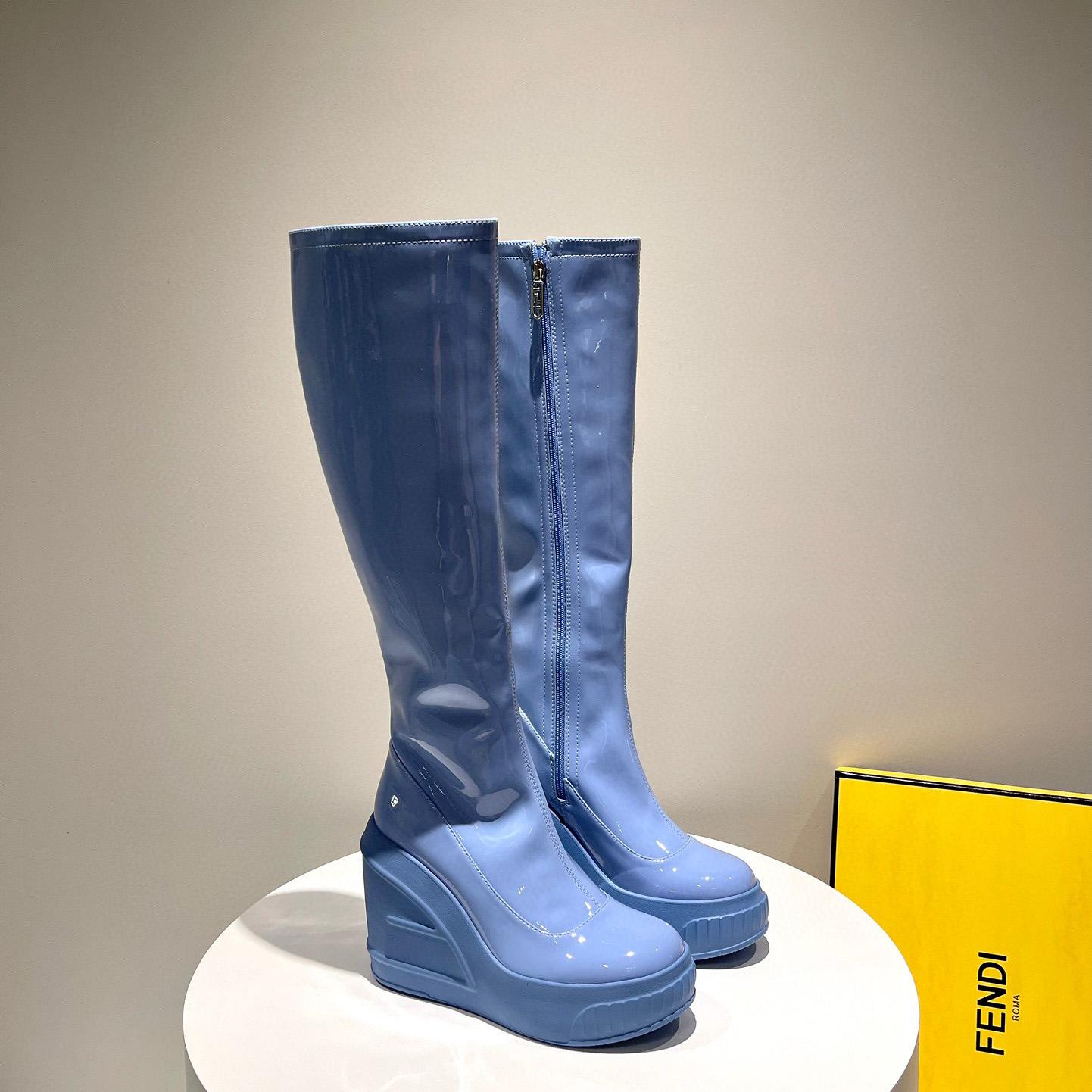 Fendi Fashion Show Blue Patent Leather Boots - DopestKickz
