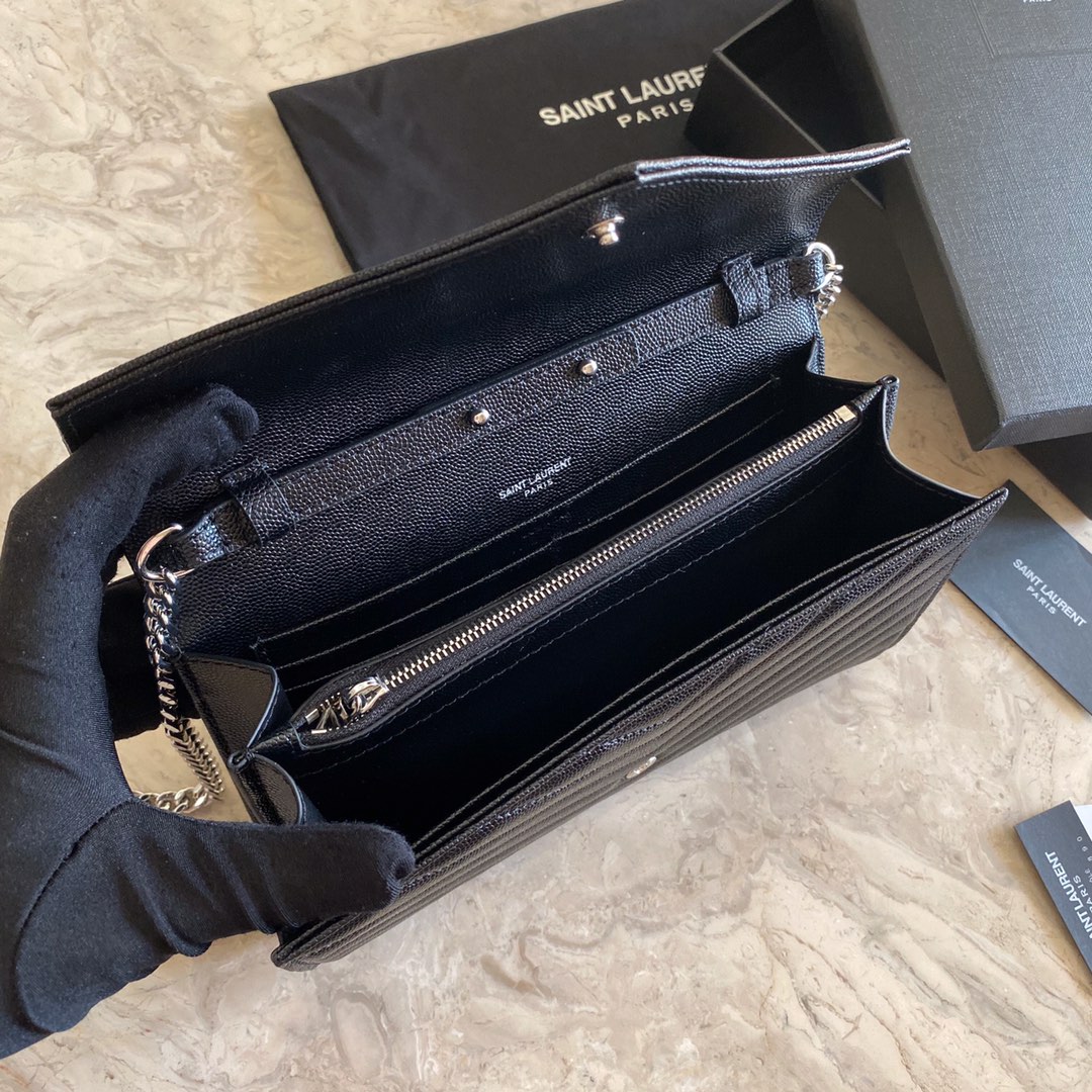 Saint Laurent Cassandre Matelasse Envelope Chain Wallet In Grain De Poudre Embossed Leather - DopestKickz