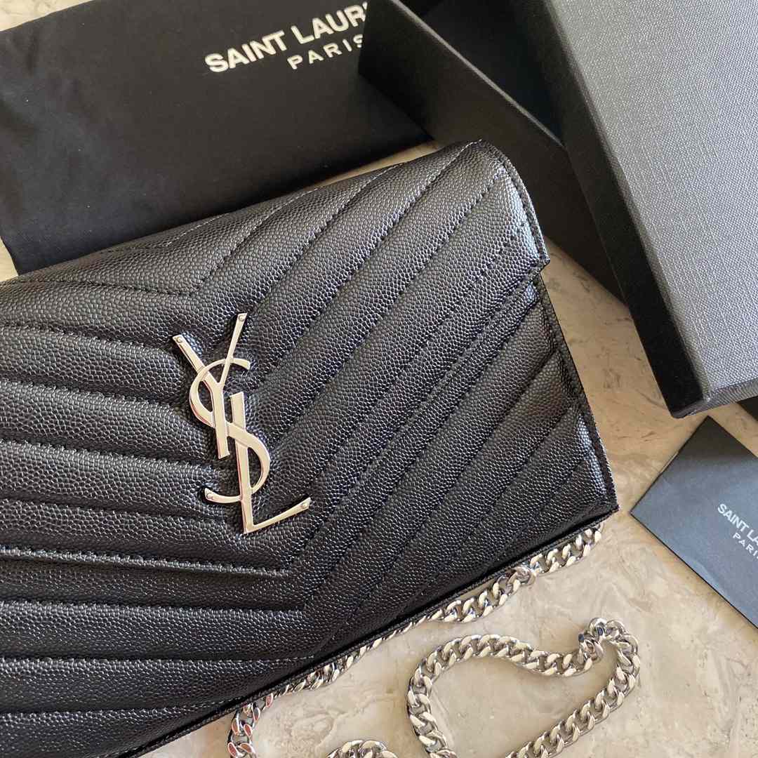 Saint Laurent Cassandre Matelasse Envelope Chain Wallet In Grain De Poudre Embossed Leather - DopestKickz