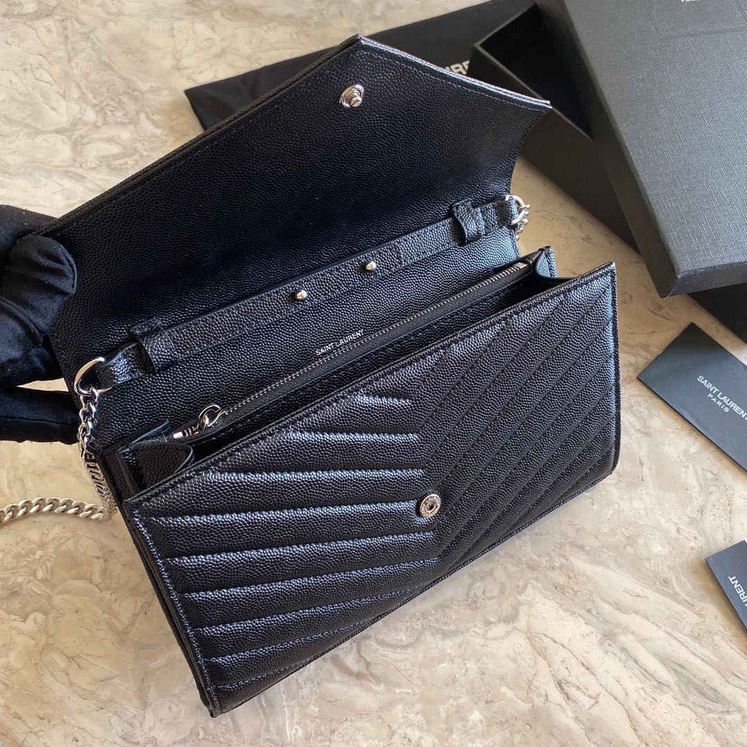 Saint Laurent Cassandre Matelasse Envelope Chain Wallet In Grain De Poudre Embossed Leather - DopestKickz