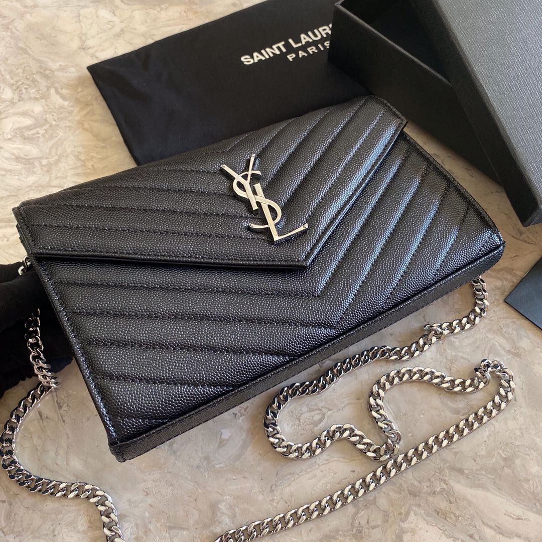 Saint Laurent Cassandre Matelasse Envelope Chain Wallet In Grain De Poudre Embossed Leather - DopestKickz