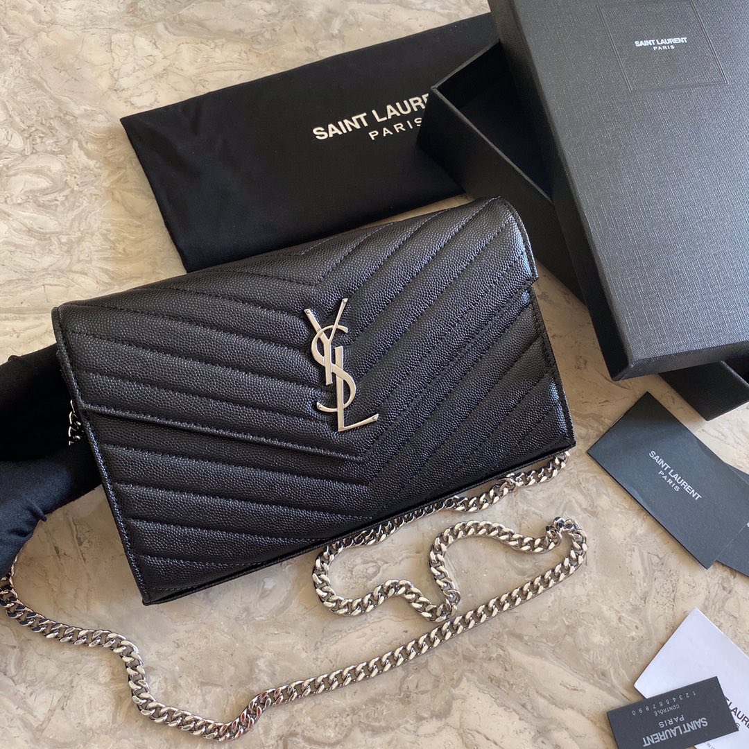 Saint Laurent Cassandre Matelasse Envelope Chain Wallet In Grain De Poudre Embossed Leather - DopestKickz