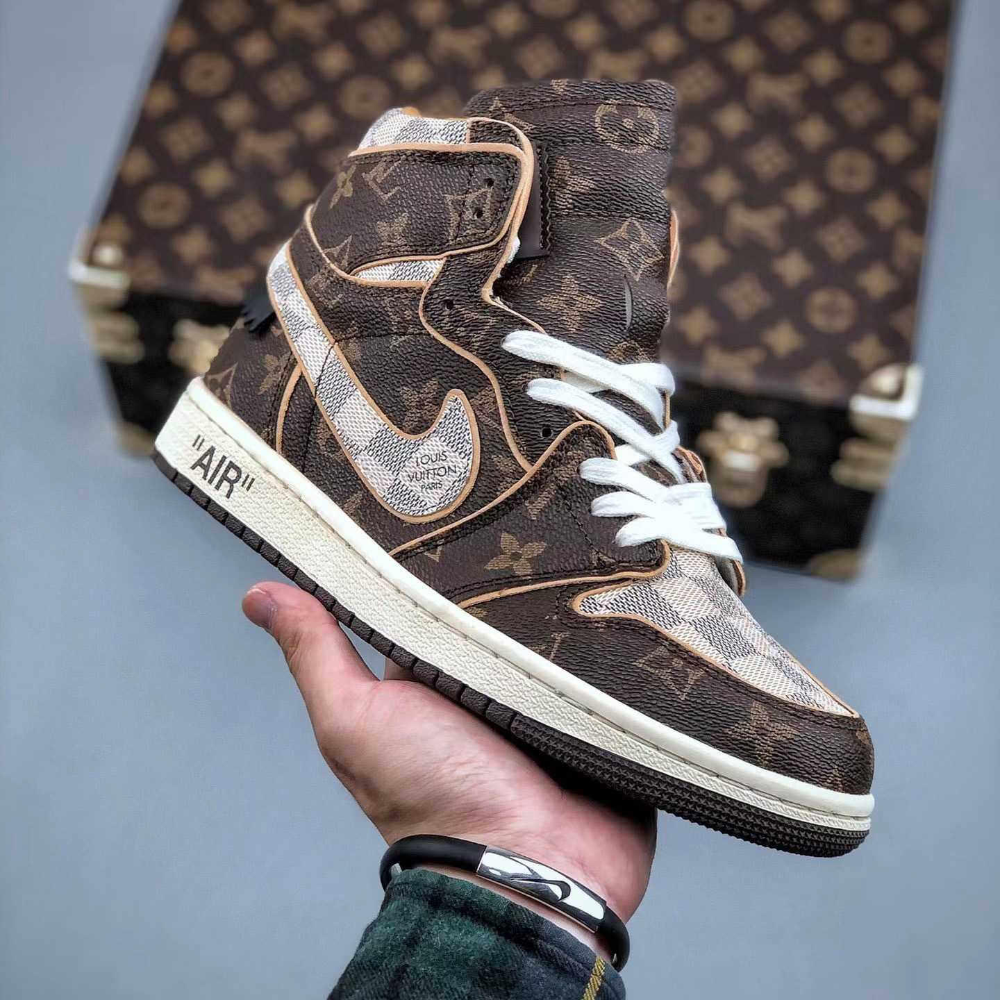 Louis Vuitton x Nike Air Jordan 1 Low OG Custom"Damier Azur/Brown/LV Monogram" Sneakers - DopestKickz