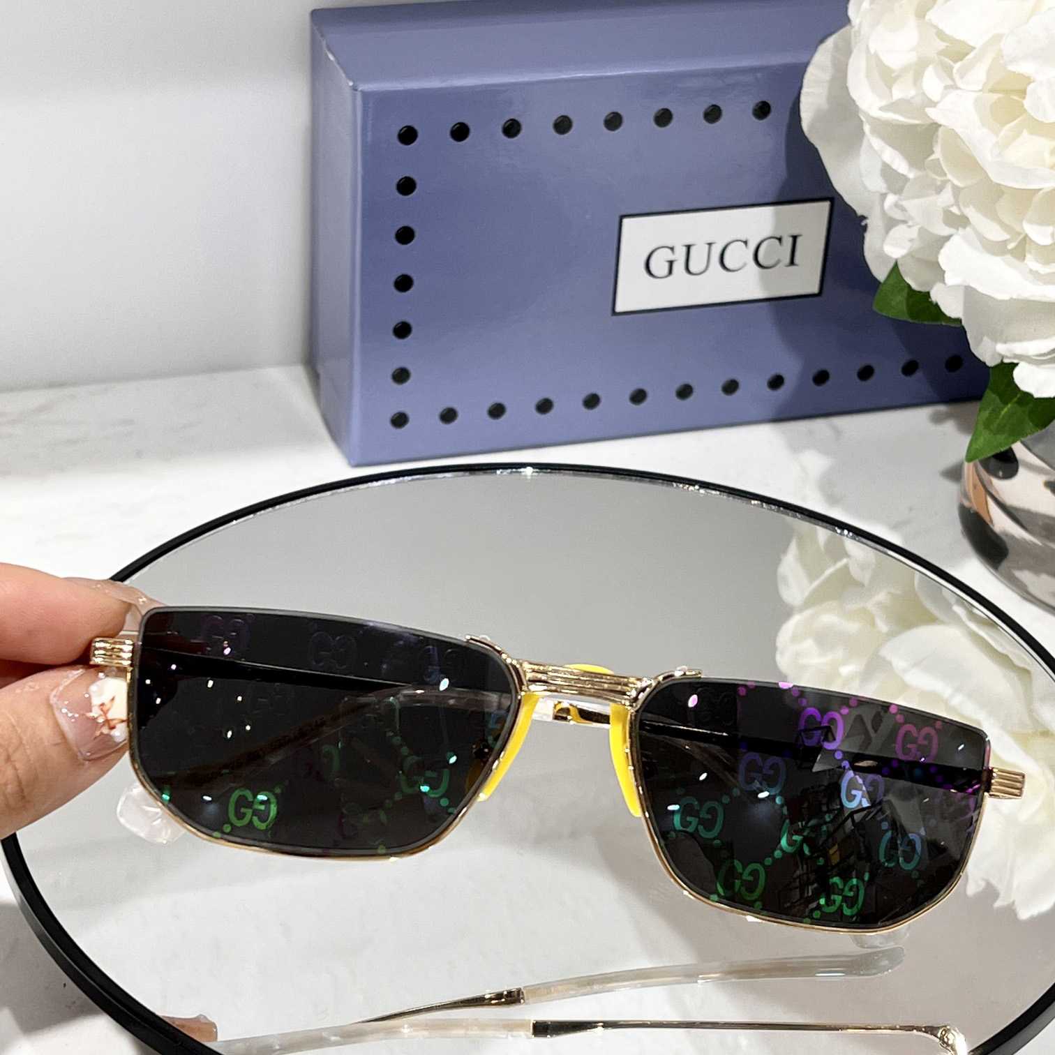 Gucci Rectangle-Frame Gold-Tone Mirrored Sunglasses   GG0627S - DopestKickz
