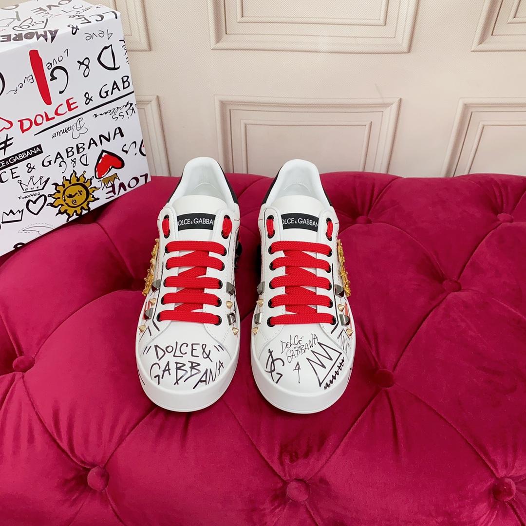 Dolce & Gabbana Calfskin Portofino Sneakers With Embroidery And Studs - DopestKickz