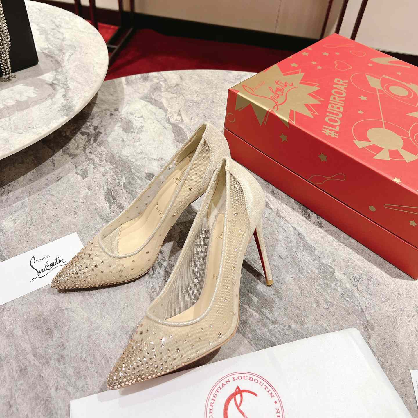 Christian Louboutin Follies Strass 85 mm Pumps - Irridescent Suede Calf, Net And Strass - Light Silk - DopestKickz