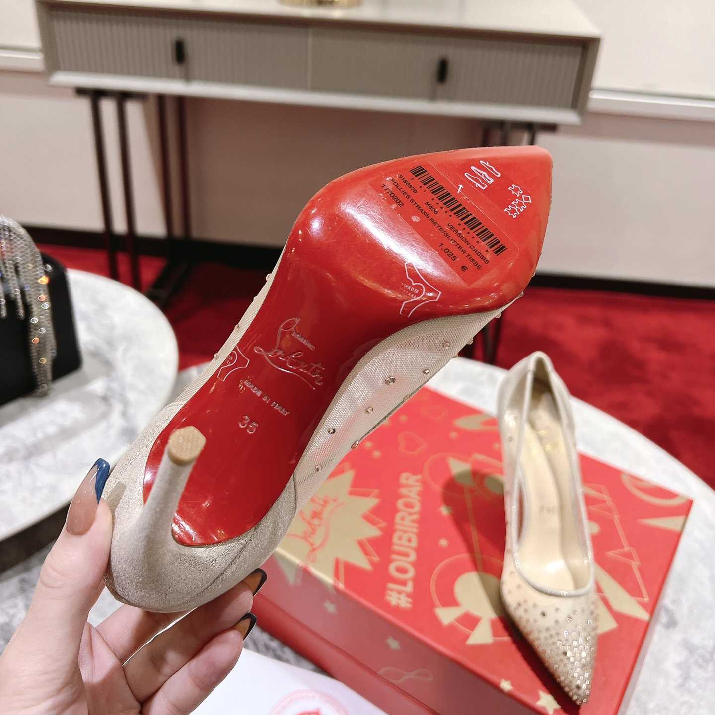 Christian Louboutin Follies Strass 85 mm Pumps - Irridescent Suede Calf, Net And Strass - Light Silk - DopestKickz