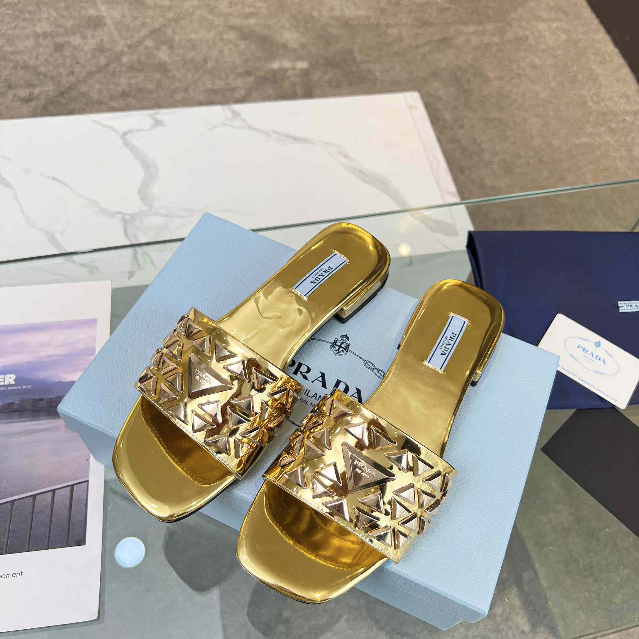 Prada Studded Metallic Leather Slides - DopestKickz