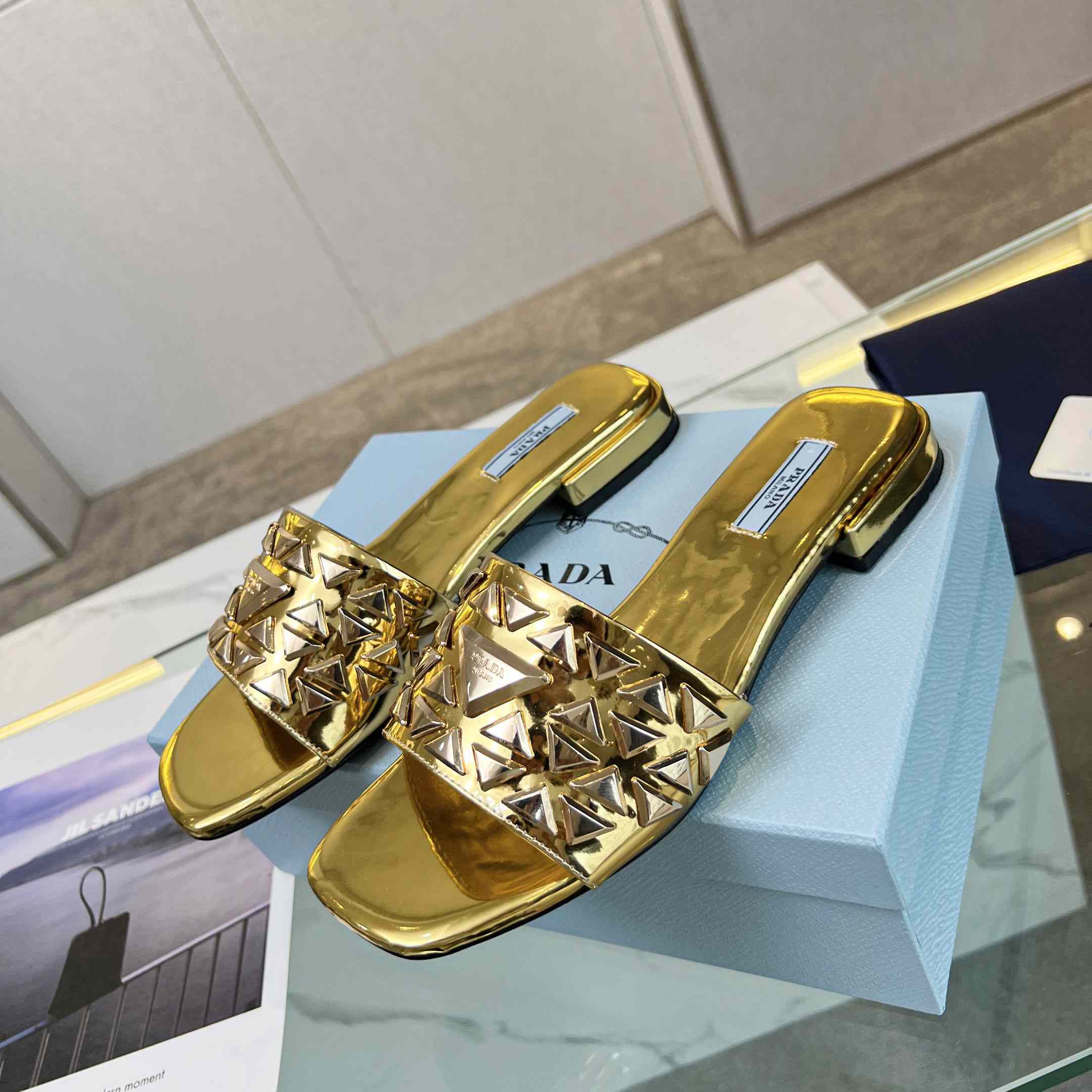 Prada Studded Metallic Leather Slides - DopestKickz