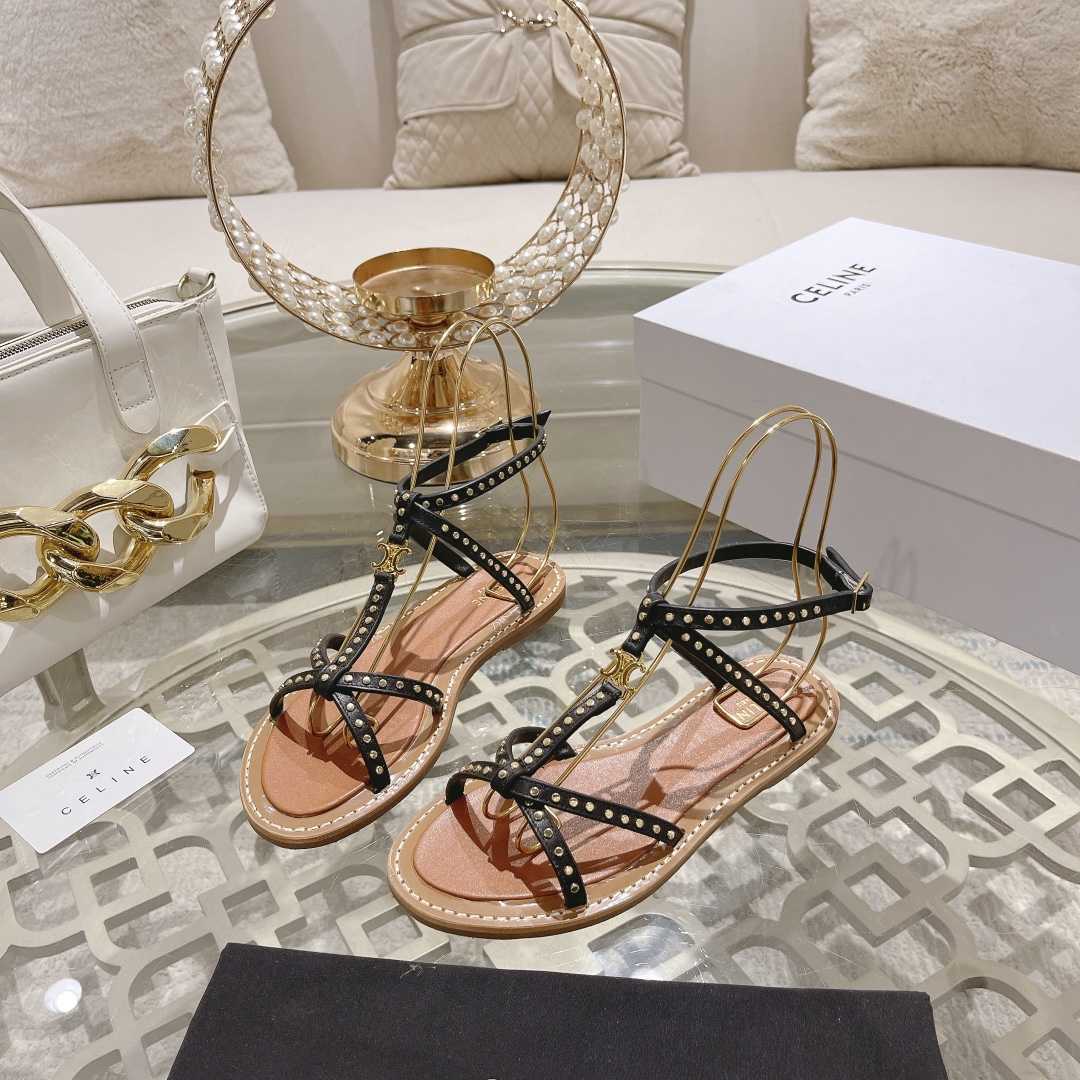 Celine Taillat Flat Sandal With Studs In Calfskin - Vegetal Tanning & Studs Black - DopestKickz